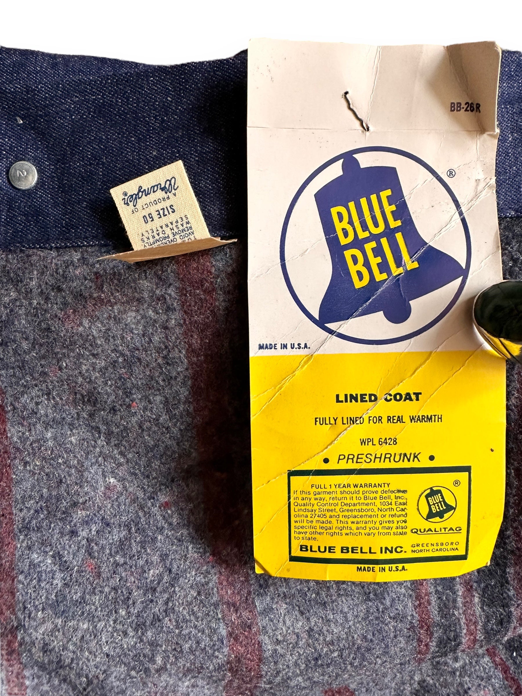 Tag View on Vintage NOS Blue Bell Blanket Lined Denim Chore Coat SZ 50 | Vintage Denim Chore Coat | Barn Owl Vintage Seattle