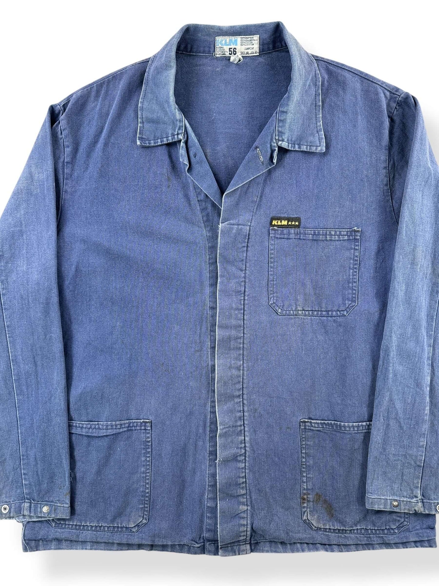 Front Close Up of Vintage KLM Faded French Chore Coat SZ XL