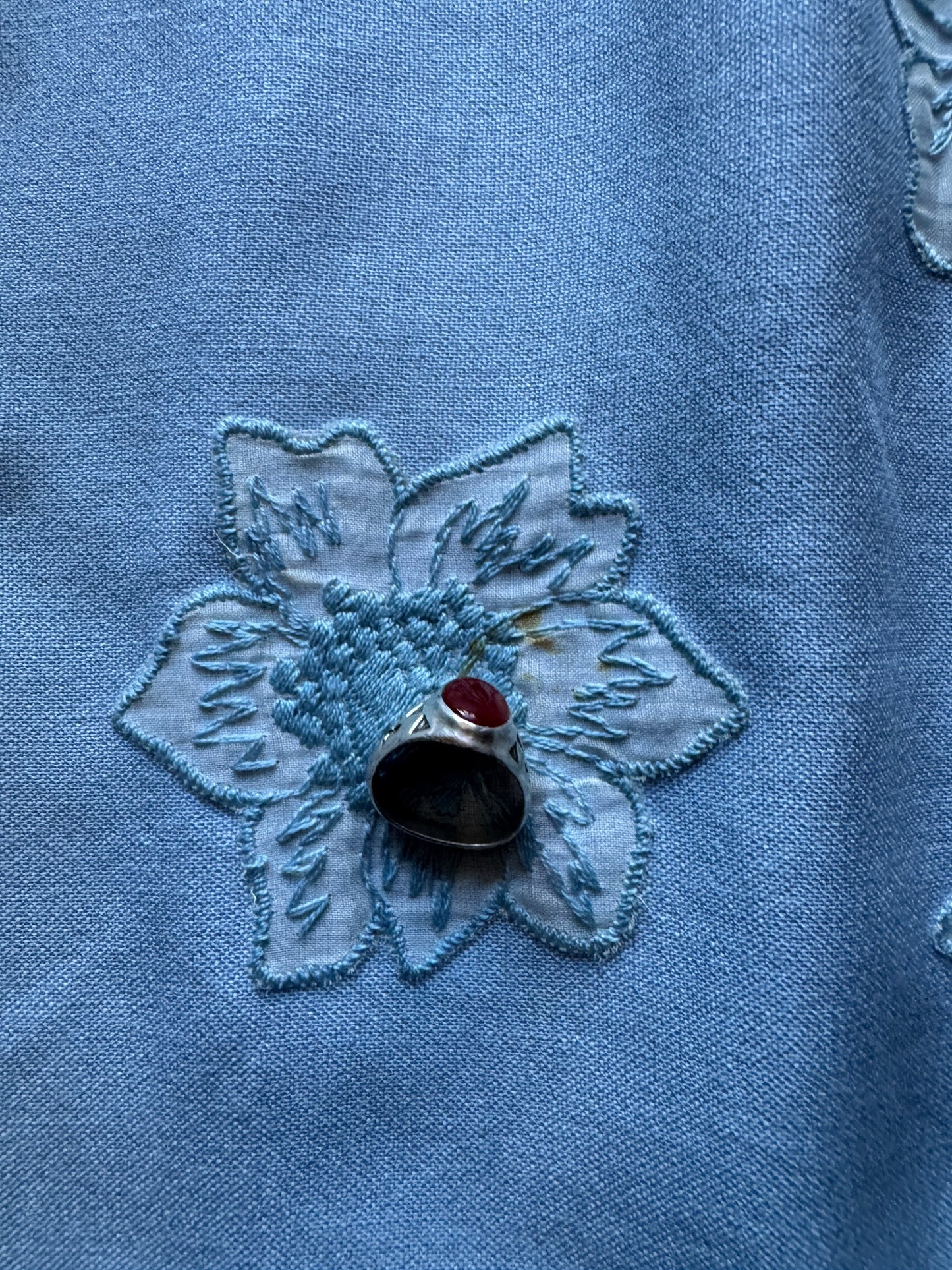 Staining on Vintage Sky Blue Floral Embroidered Dress SZ M - AS IS
