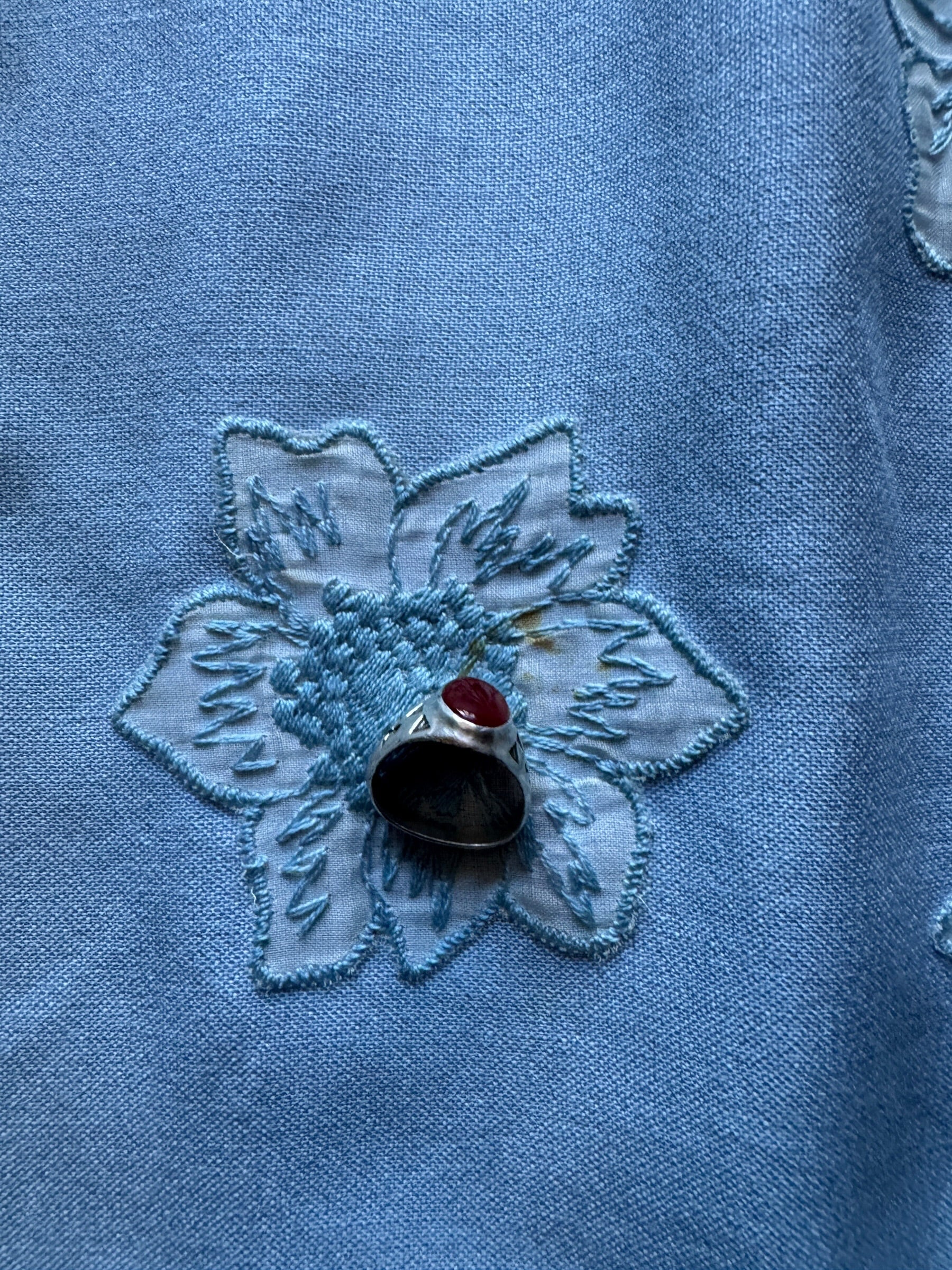 Staining on Vintage Sky Blue Floral Embroidered Dress SZ M - AS IS