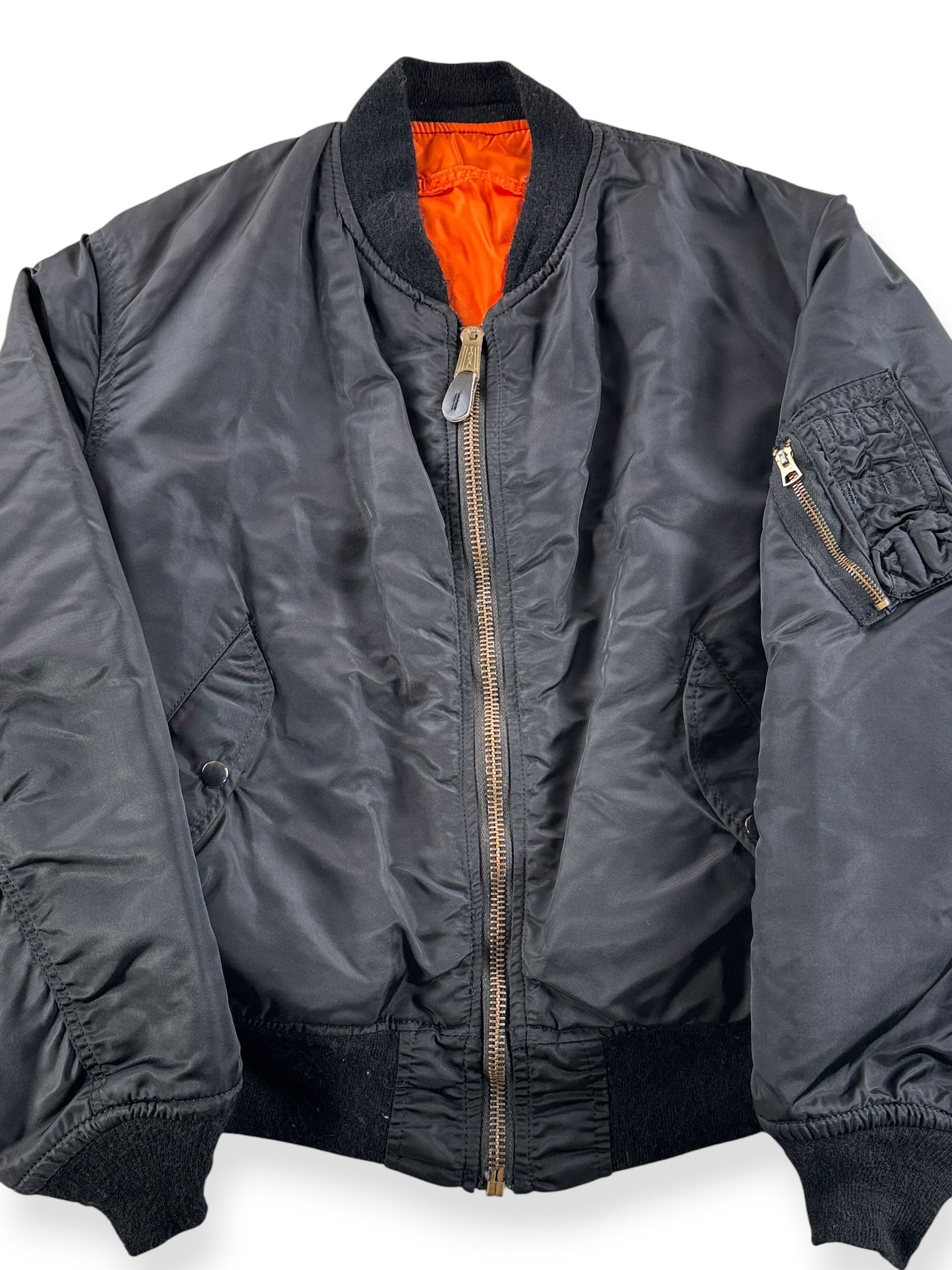Front Close Up of Vintage Black Bomber Jacket SZ L