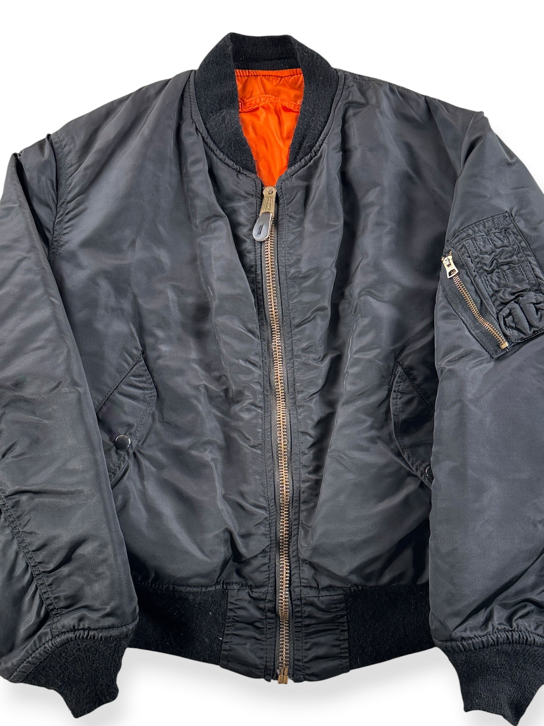 Front Close Up of Vintage Black Bomber Jacket SZ L
