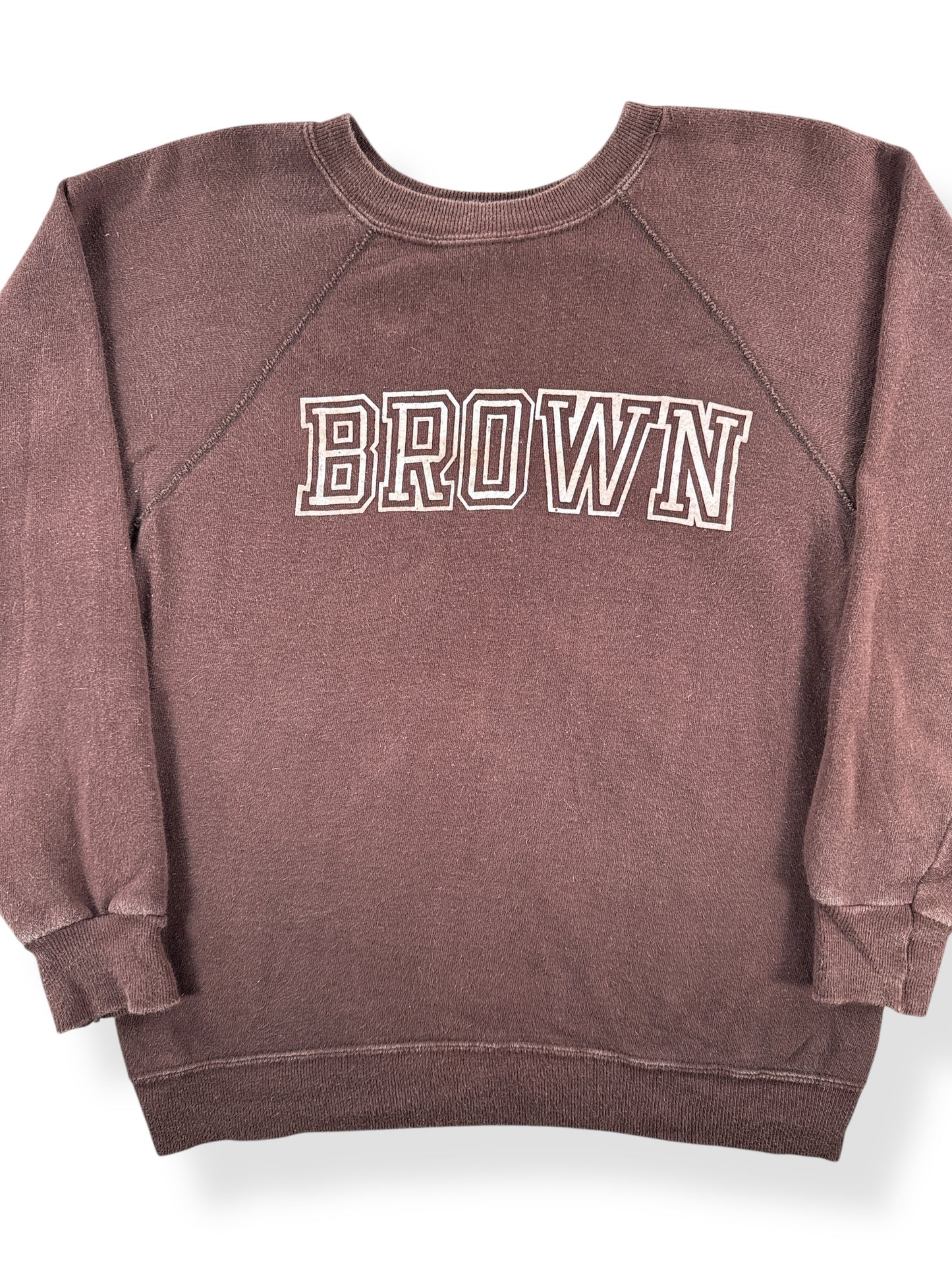 Front Close Up of Vintage Flocked Brown Champion Crewneck SZ S