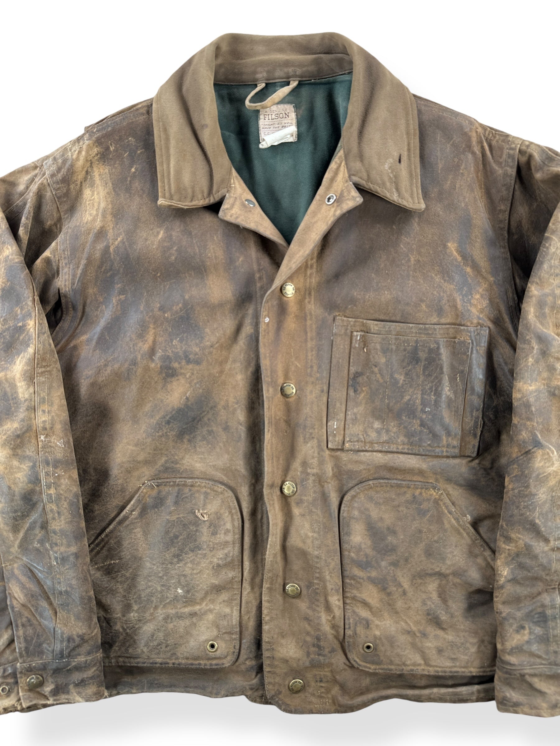 Front Close Up of Vintage Filson Style 621 Tin Cloth Field Jacket SZ L