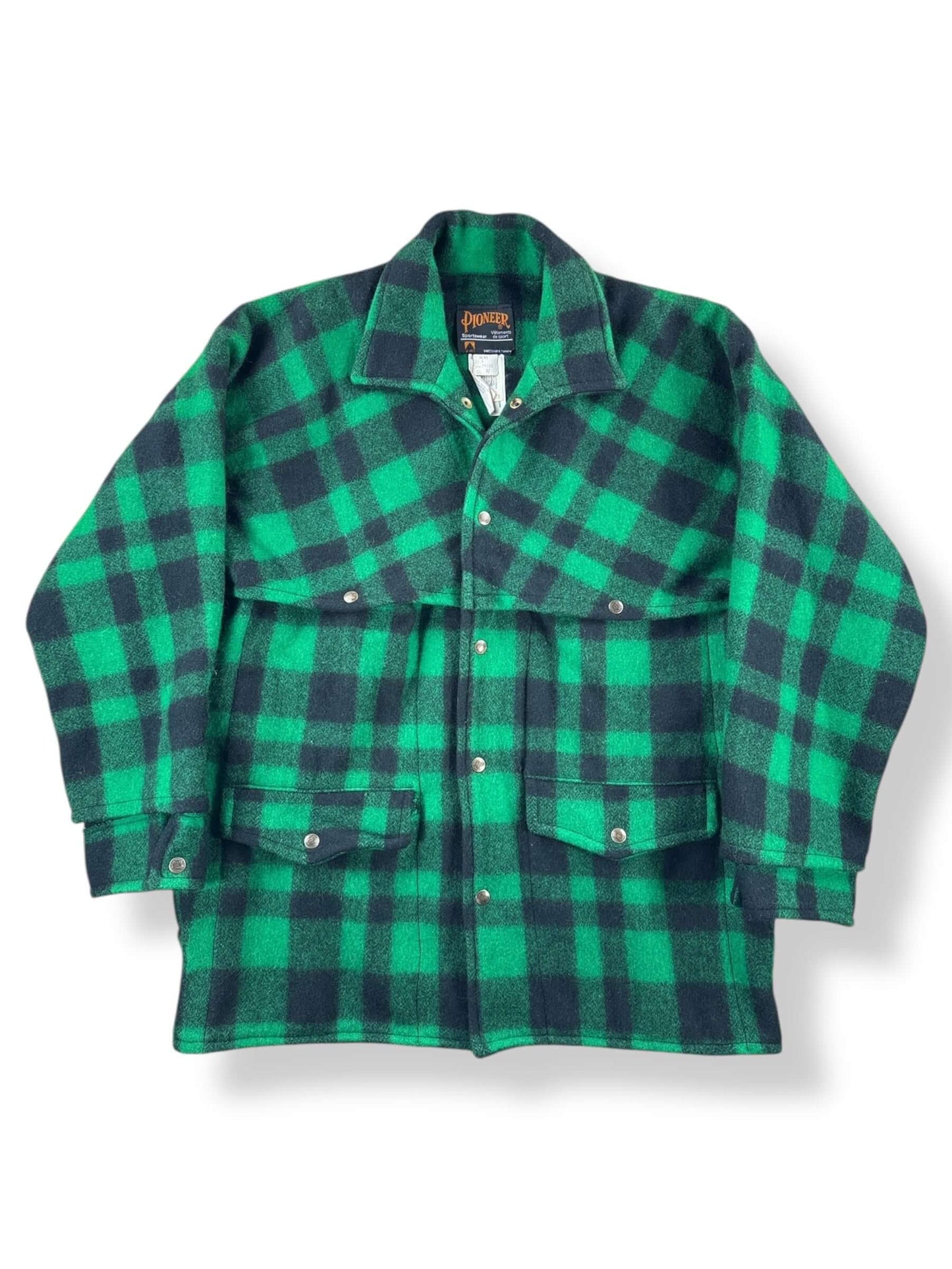 Front of Vintage Pioneer Sportswear Green & Black Wool Jacket SZ 42