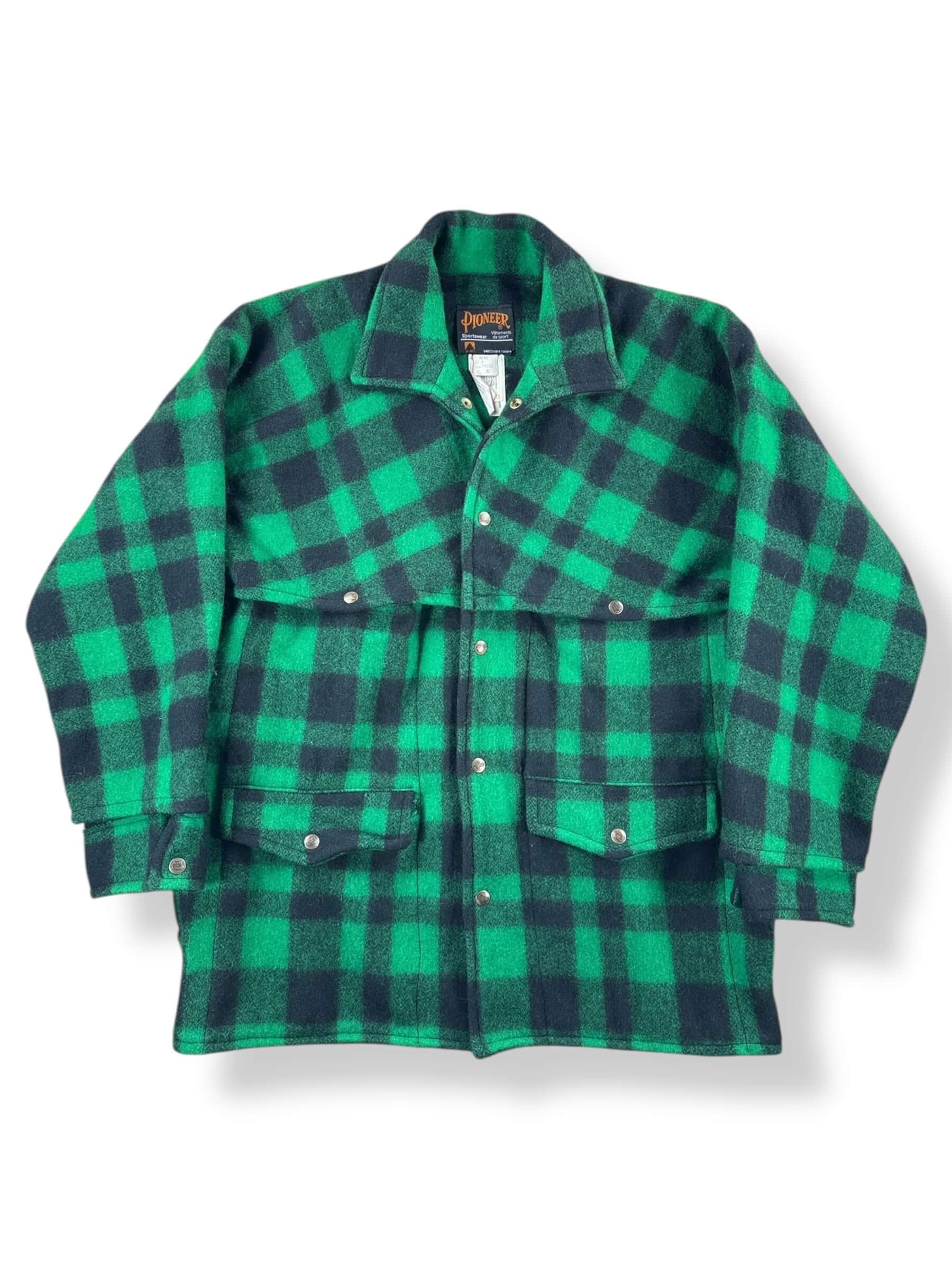 Front of Vintage Pioneer Sportswear Green & Black Wool Jacket SZ 42