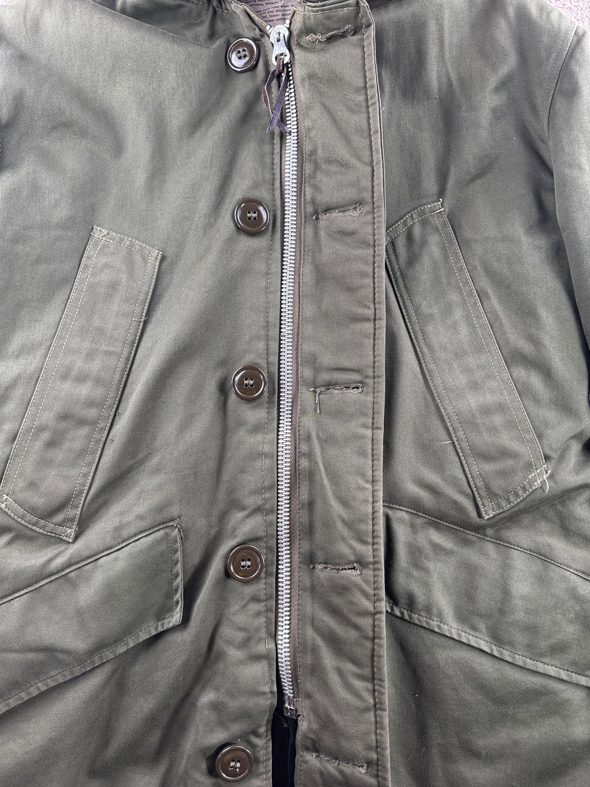 Zipper and button closure on Vintage B-9 Civilian Parka SZ 42
