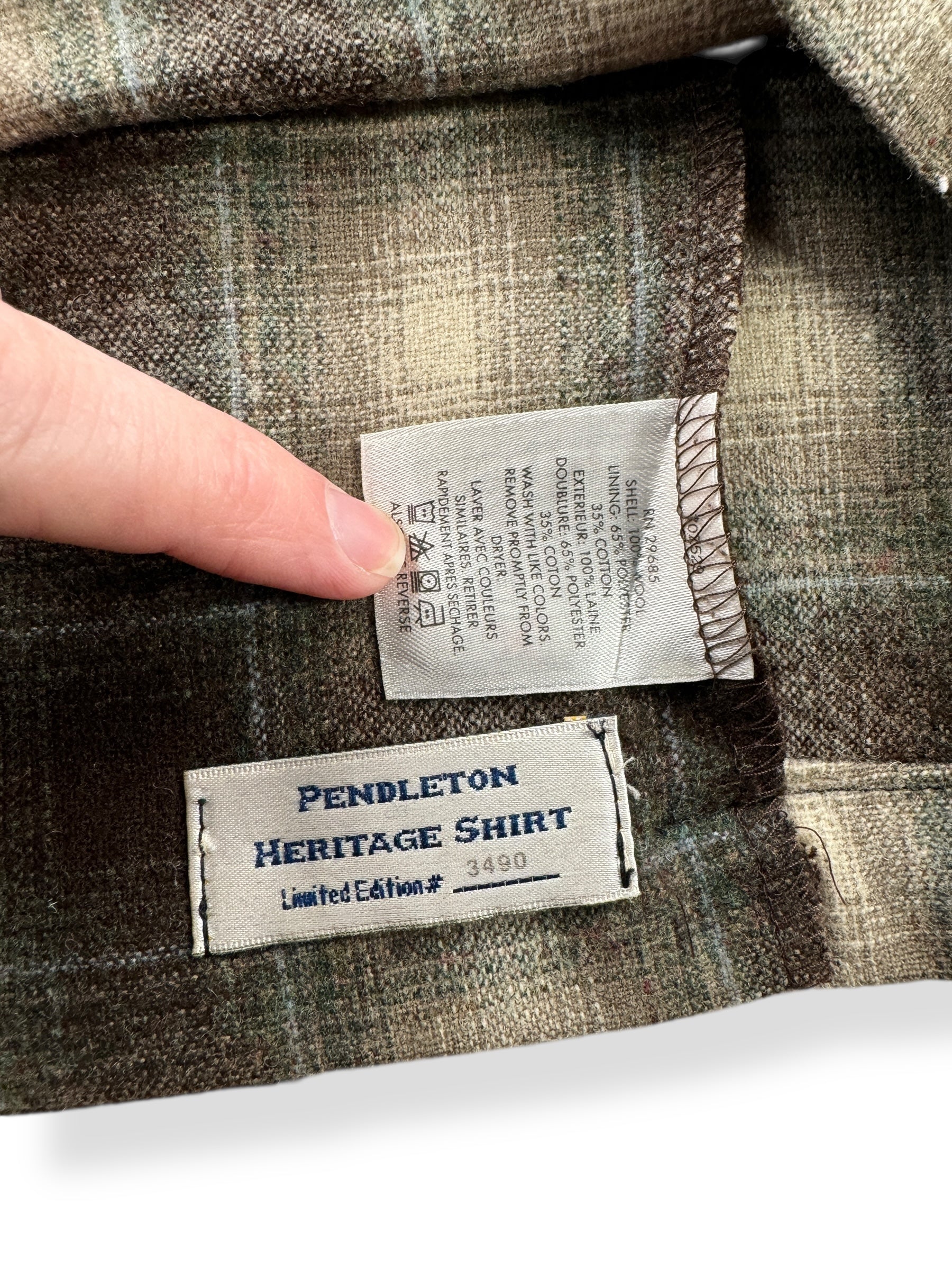 Label on Vintage Made in Mexico Pendleton Green & Brown Shadowplaid Board Shirt SZ L
