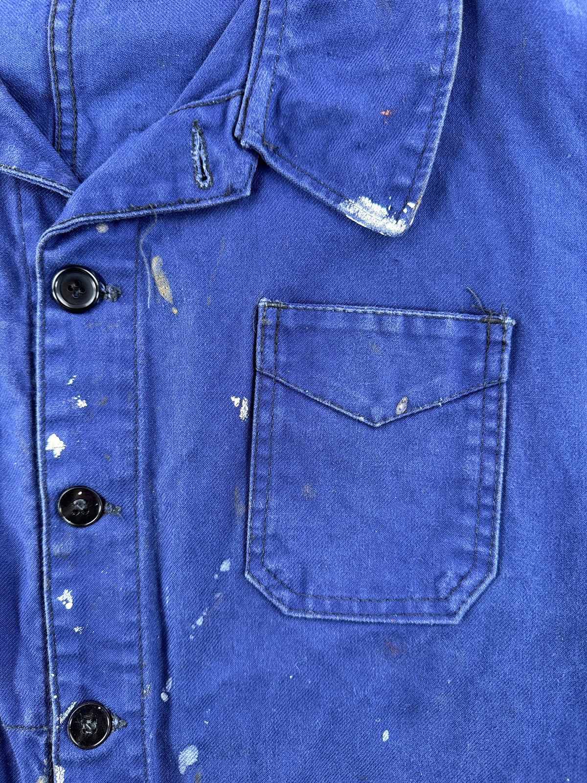 Paint on front of Vintage Paint Splattered French Chore Coat SZ M