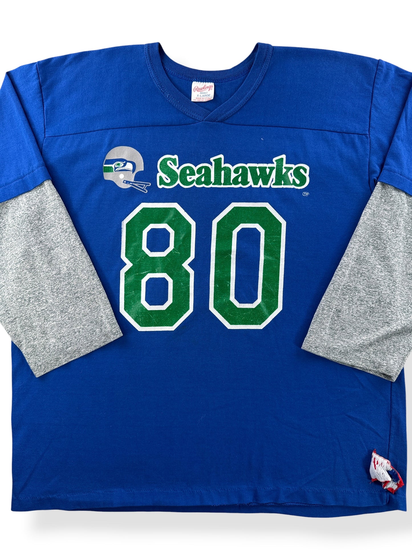 Close-up of Vintage Rawlings Seahawks Steve Largent Jersey SZ XL (Fits L)
