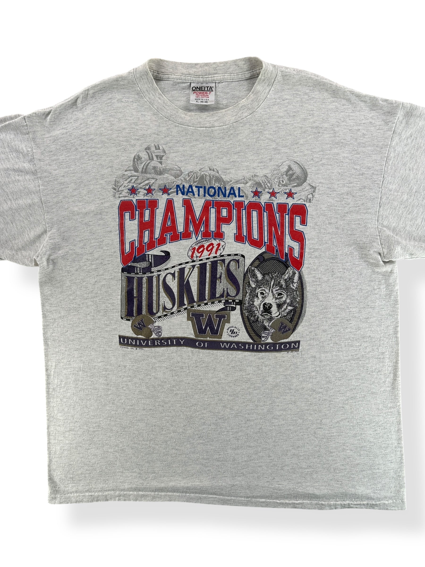 Front Close Up of Vintage 1991 UW Huskies National Champs Tee SZ XL