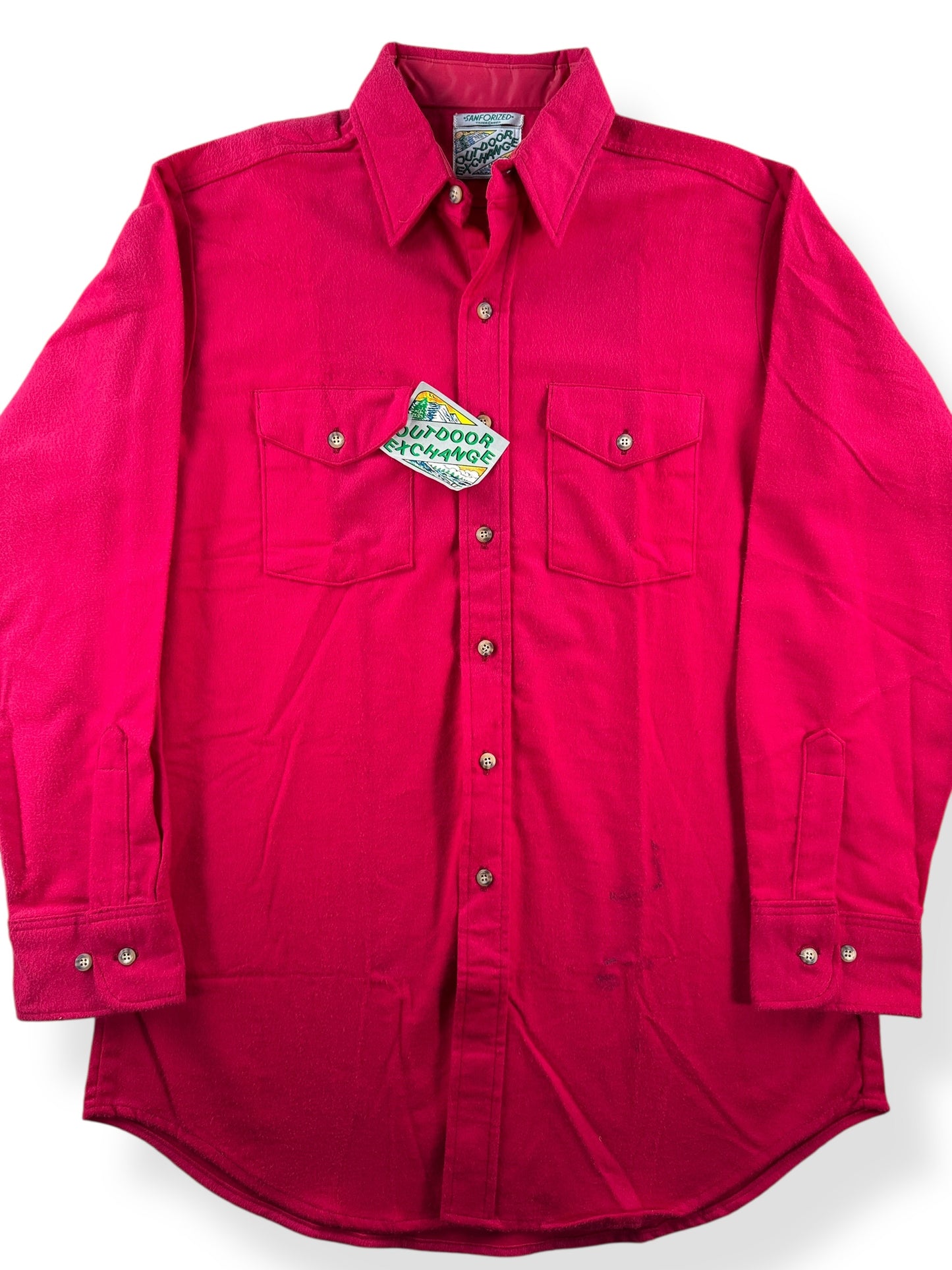 Front Close Up of Vintage NOS Outdoor Exchange Red Chamois Shirt SZ L Tall