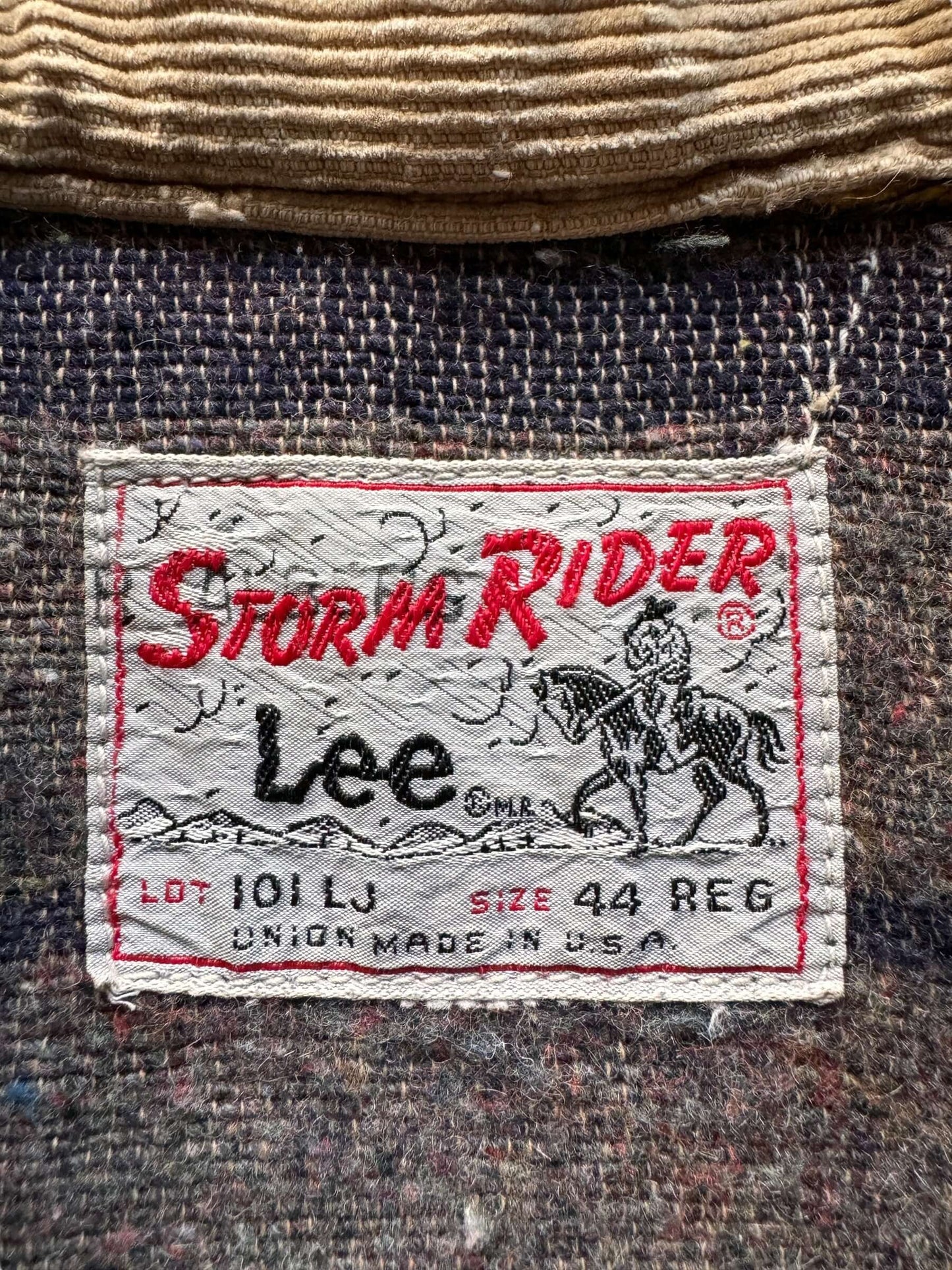 Tag View of Vintage 60s Era Union Made Lee Storm Rider 101-LJ SZ 44R