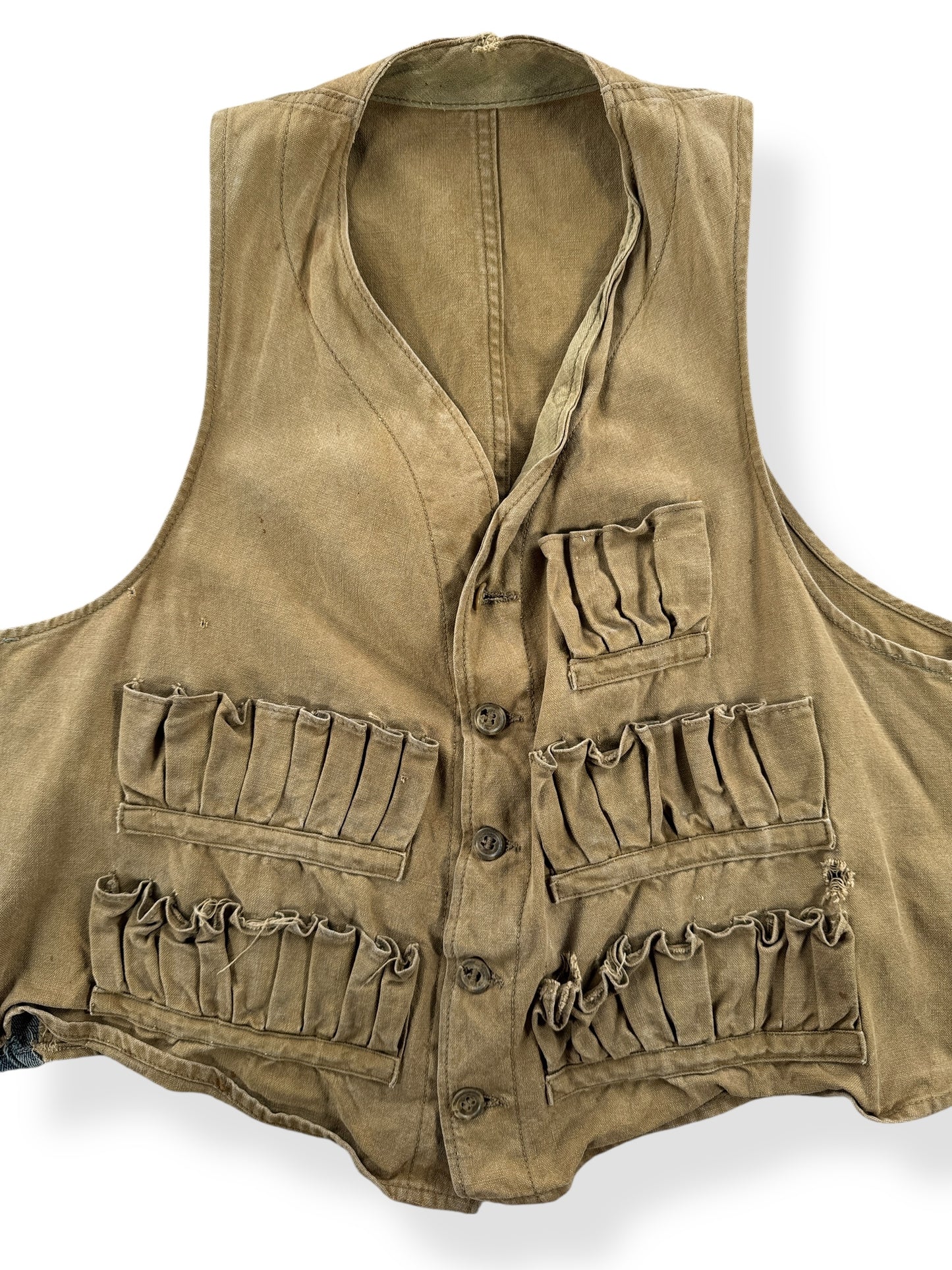 Front Close Up of 40s Era Hunting Vest w/ Denim Alterations SZ M