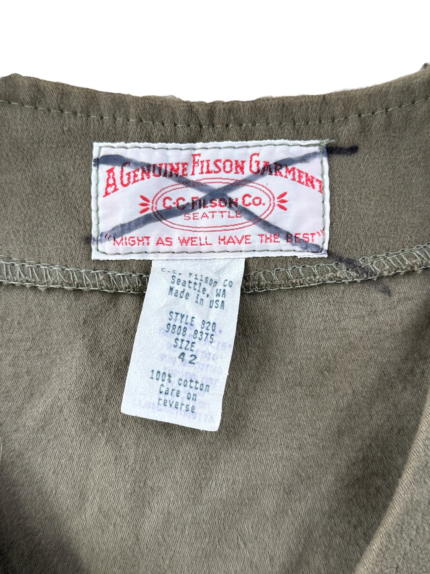 Tags on Filson Tan Moleskin Vest SZ 42
