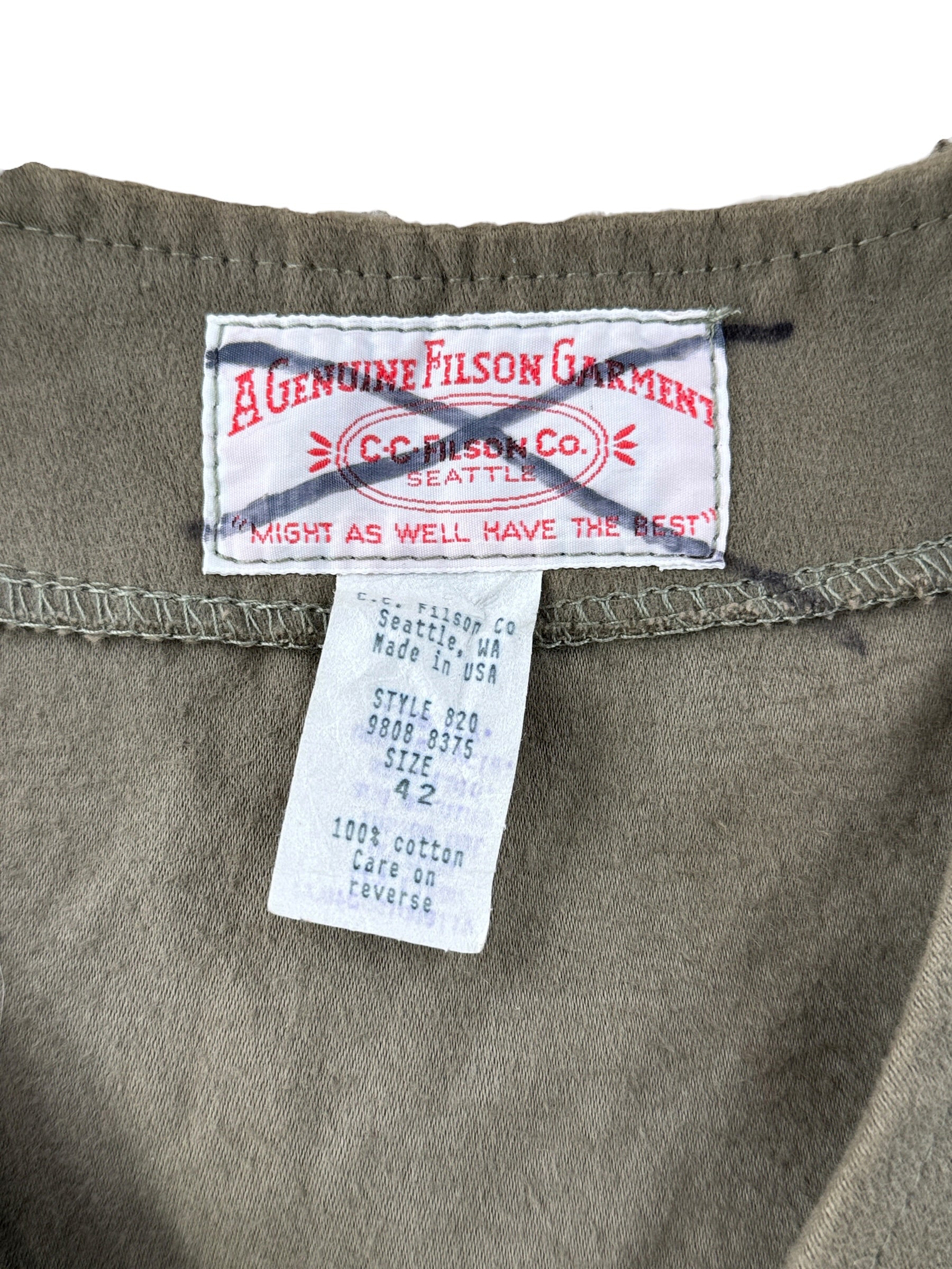 Tags on Filson Tan Moleskin Vest SZ 42