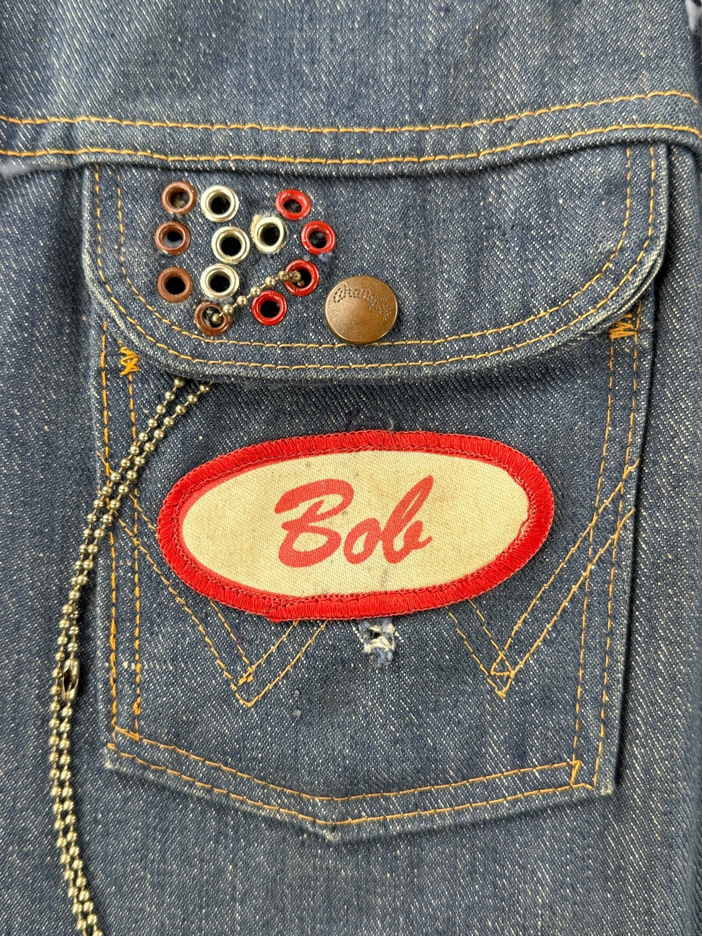 Name patch on breast pocket of Vintage 60s Dark Wash Wrangler Biker Vest SZ 40