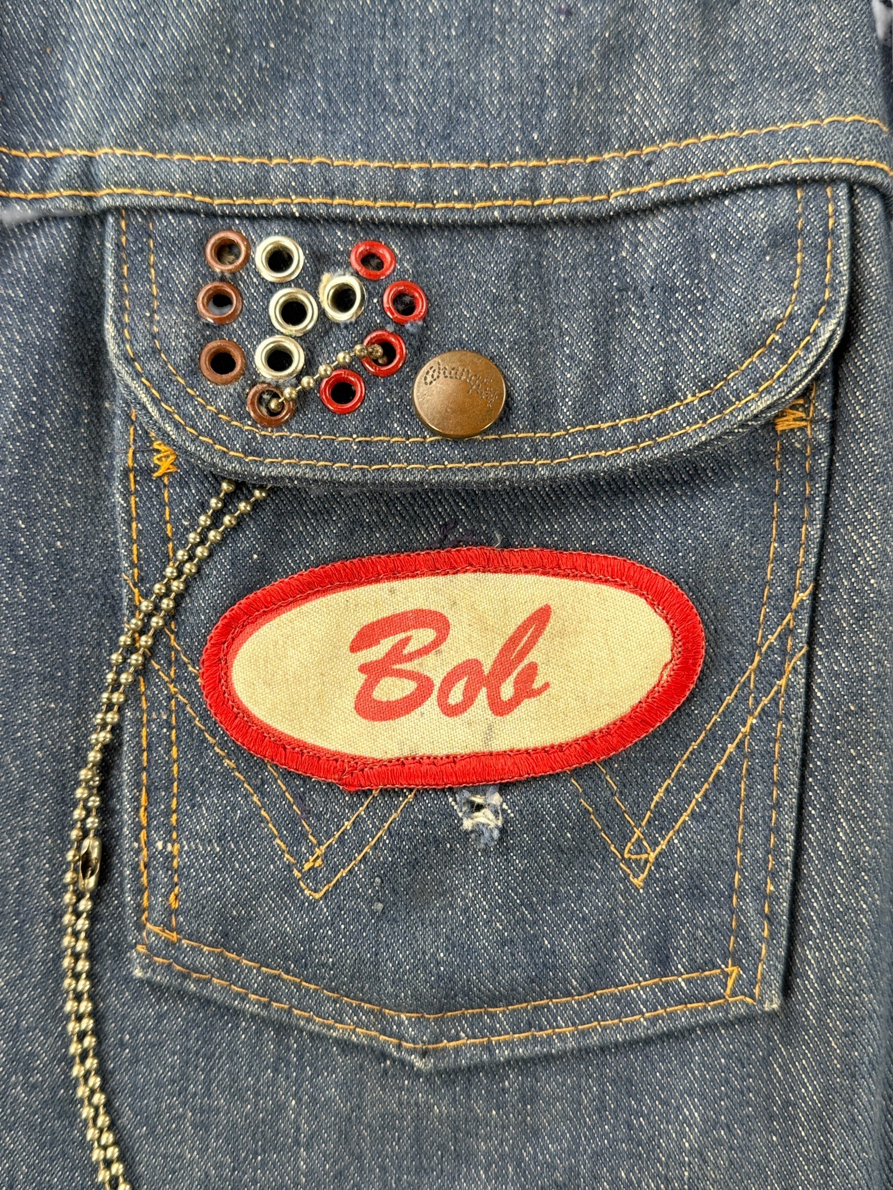 Name patch on breast pocket of Vintage 60s Dark Wash Wrangler Biker Vest SZ 40