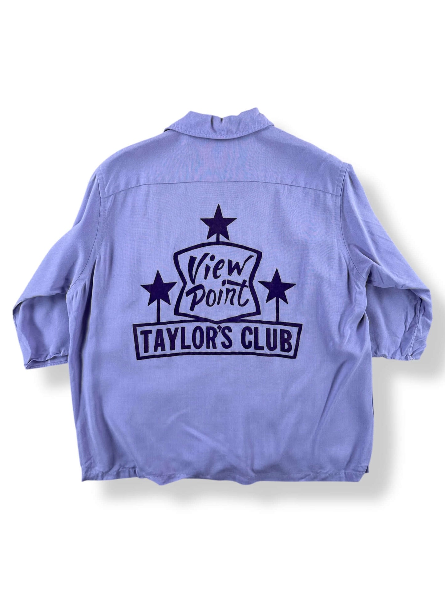 Back of Vintage Lilac Ladies Flocked Bowling Shirt SZ 38