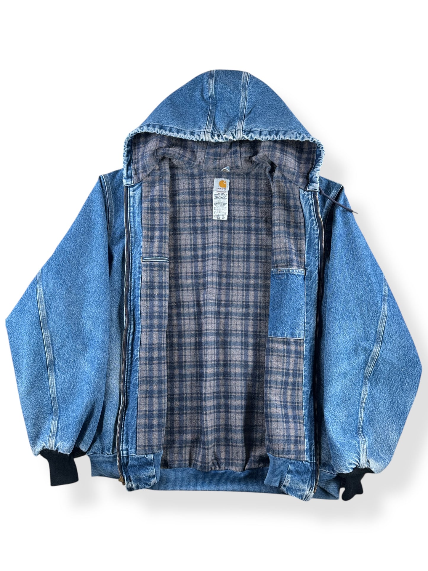 Inside of Vintage Denim Carhartt Hooded Jacket SZ 3XL