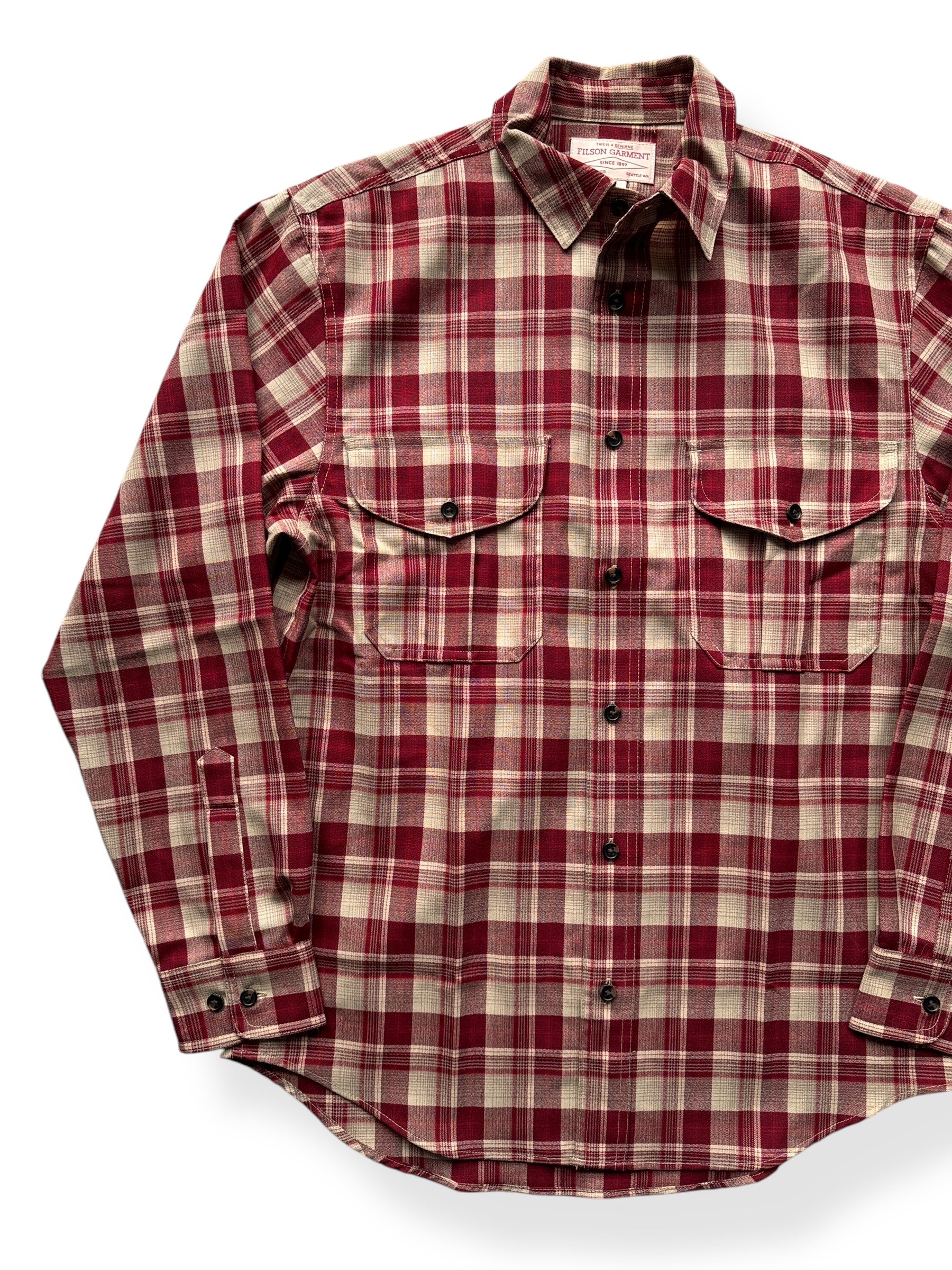 Front Right of Filson Merino Wool Red Tan Plaid Guide Shirt SZ S