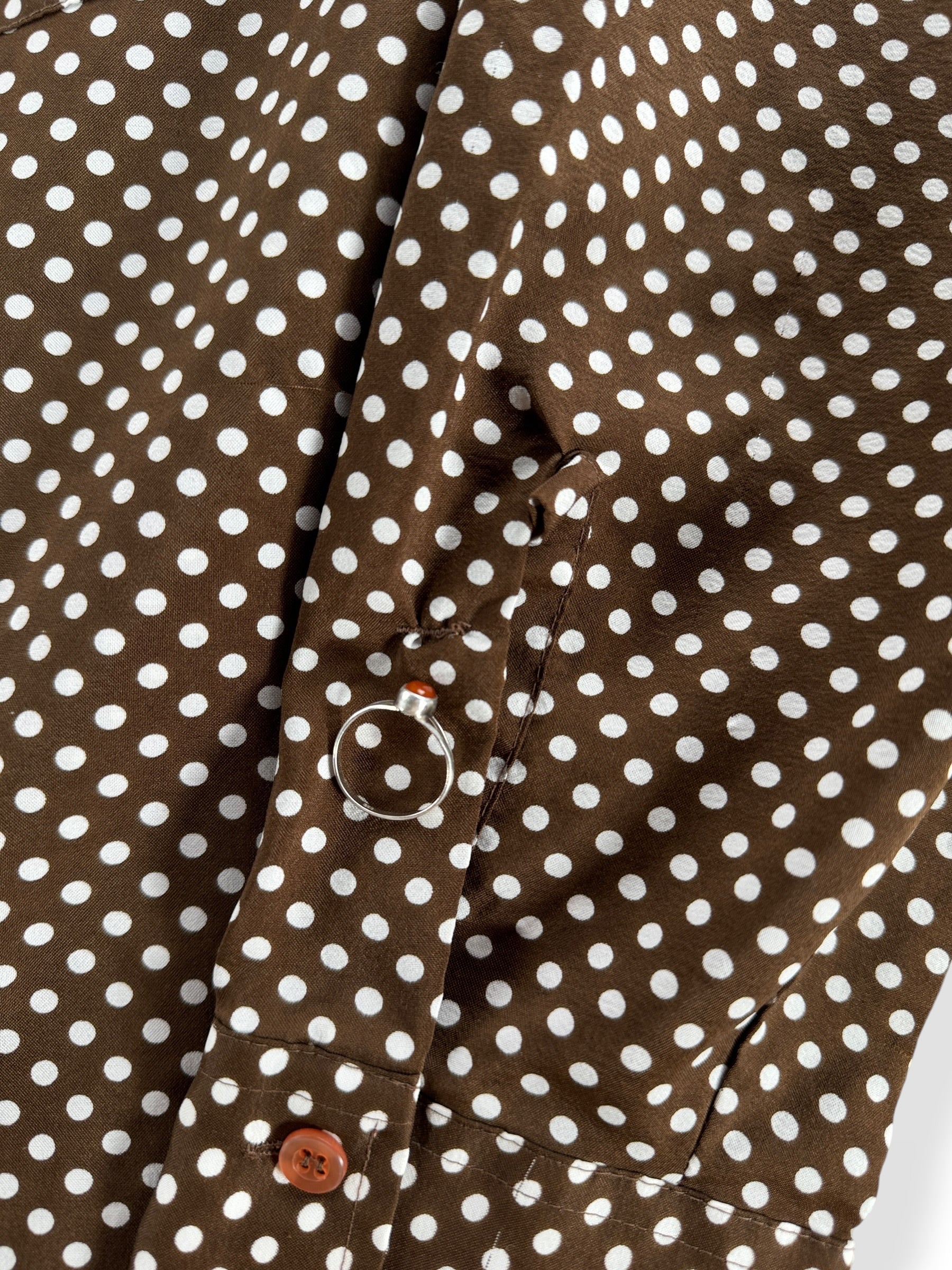 Small repair on sleeve of Vintage Kings Road Polka Dot Polyester Shirt SZ L