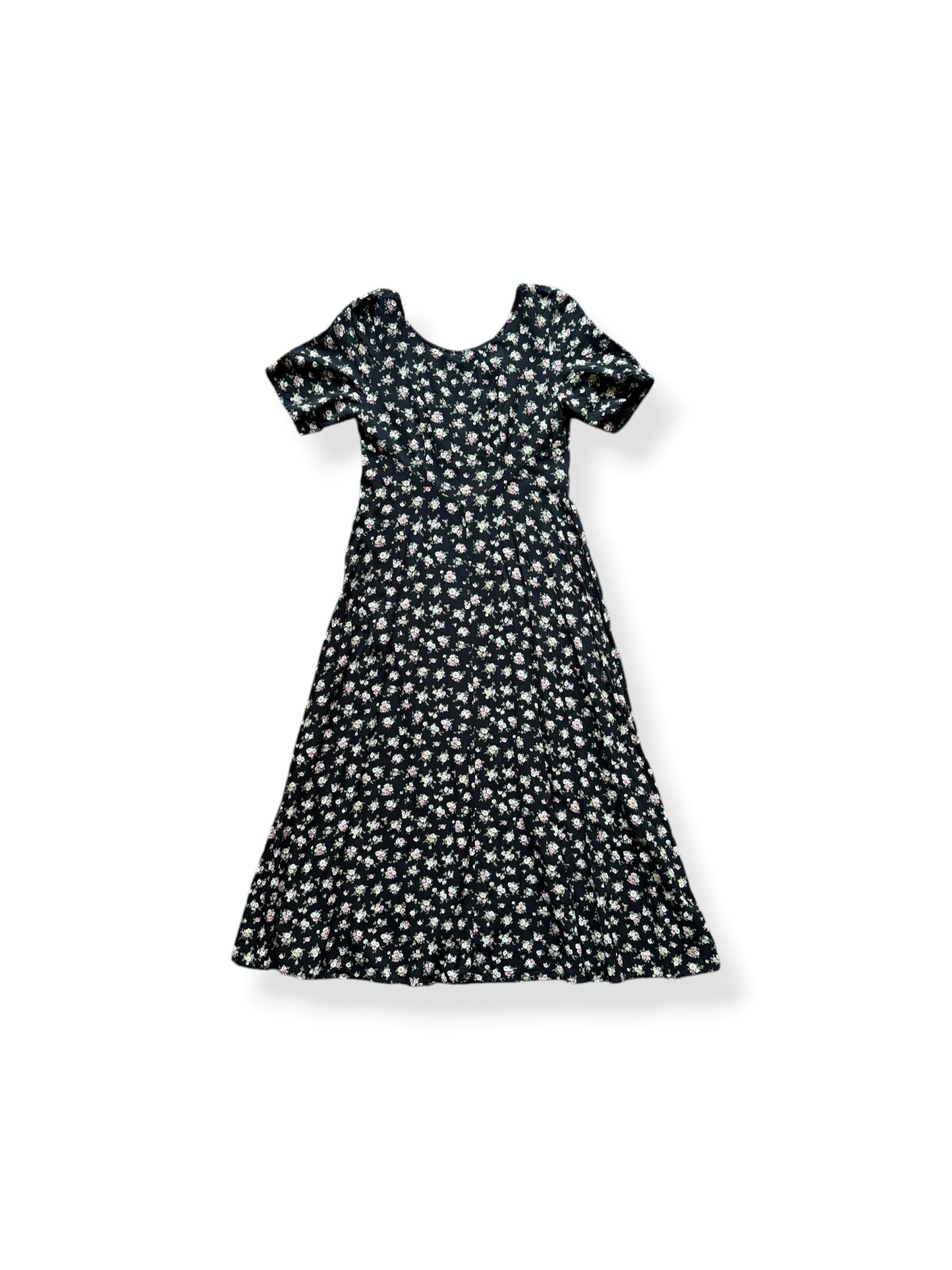 Front of Vintage 90s Black Floral Midi Dress SZ S