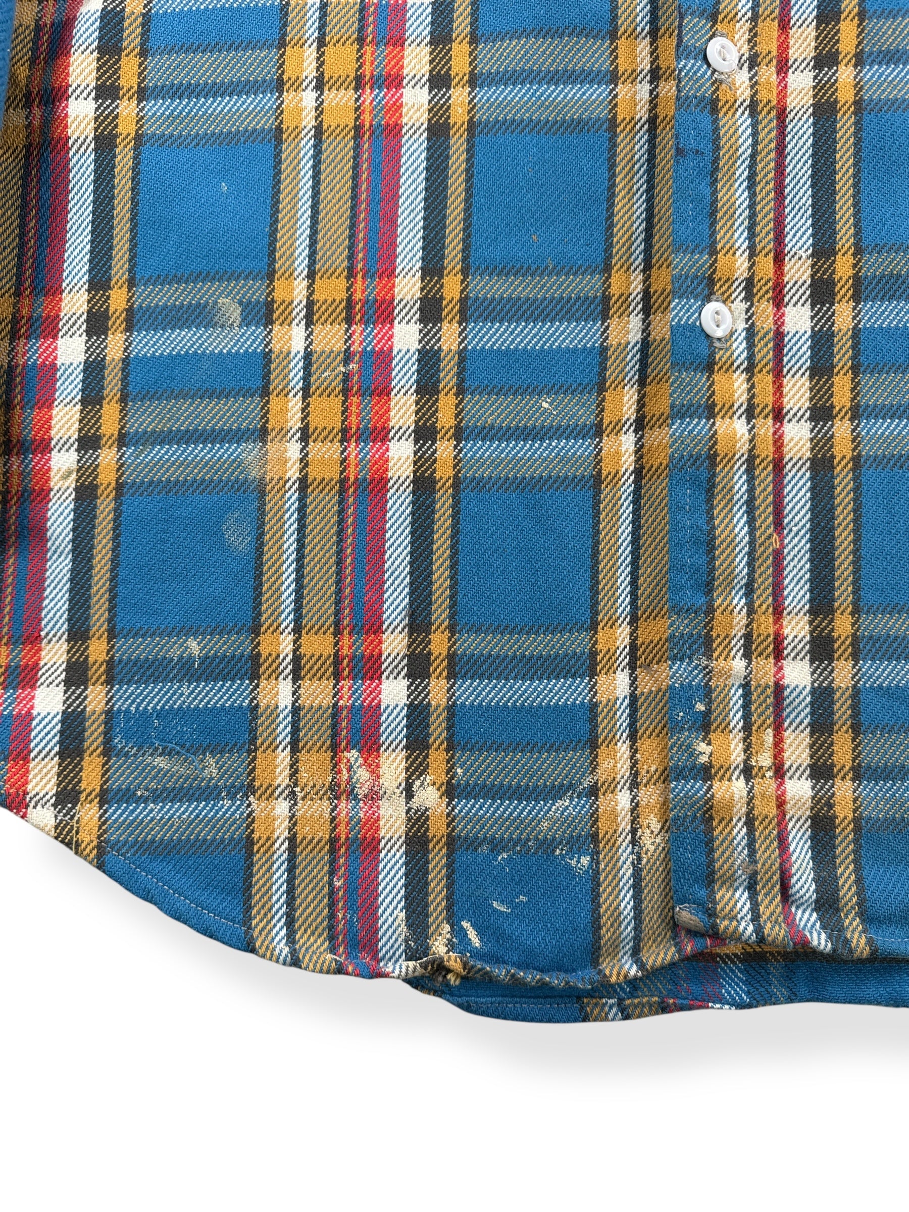 Stains on Vintage Big Mac Blue and Yellow Plaid Cotton Flannel SZ L