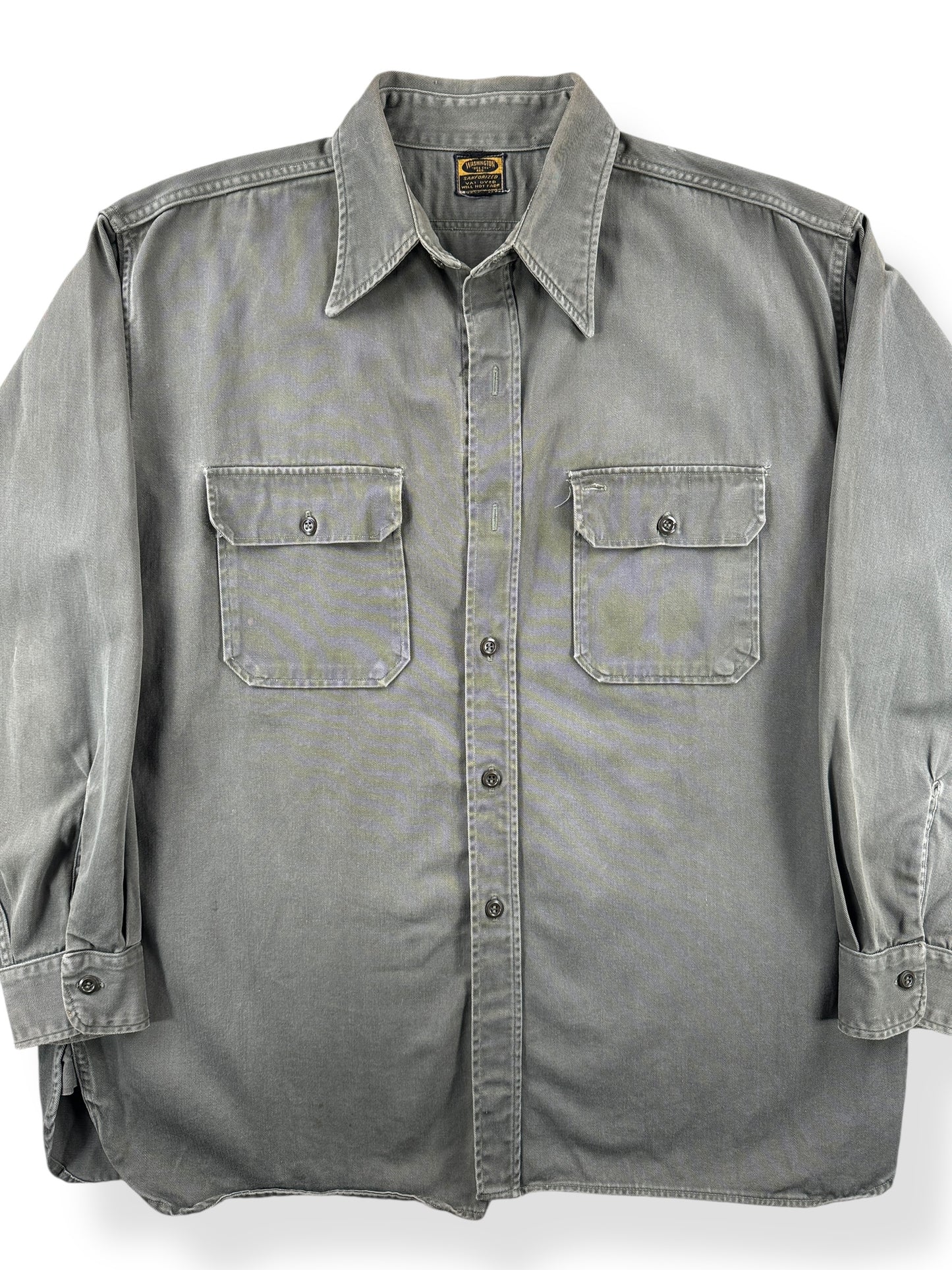 Front Close Up of Vintage Washington "Dee-Cee" Vat Dyed Grey Twill Shirt SZ XL AS IS