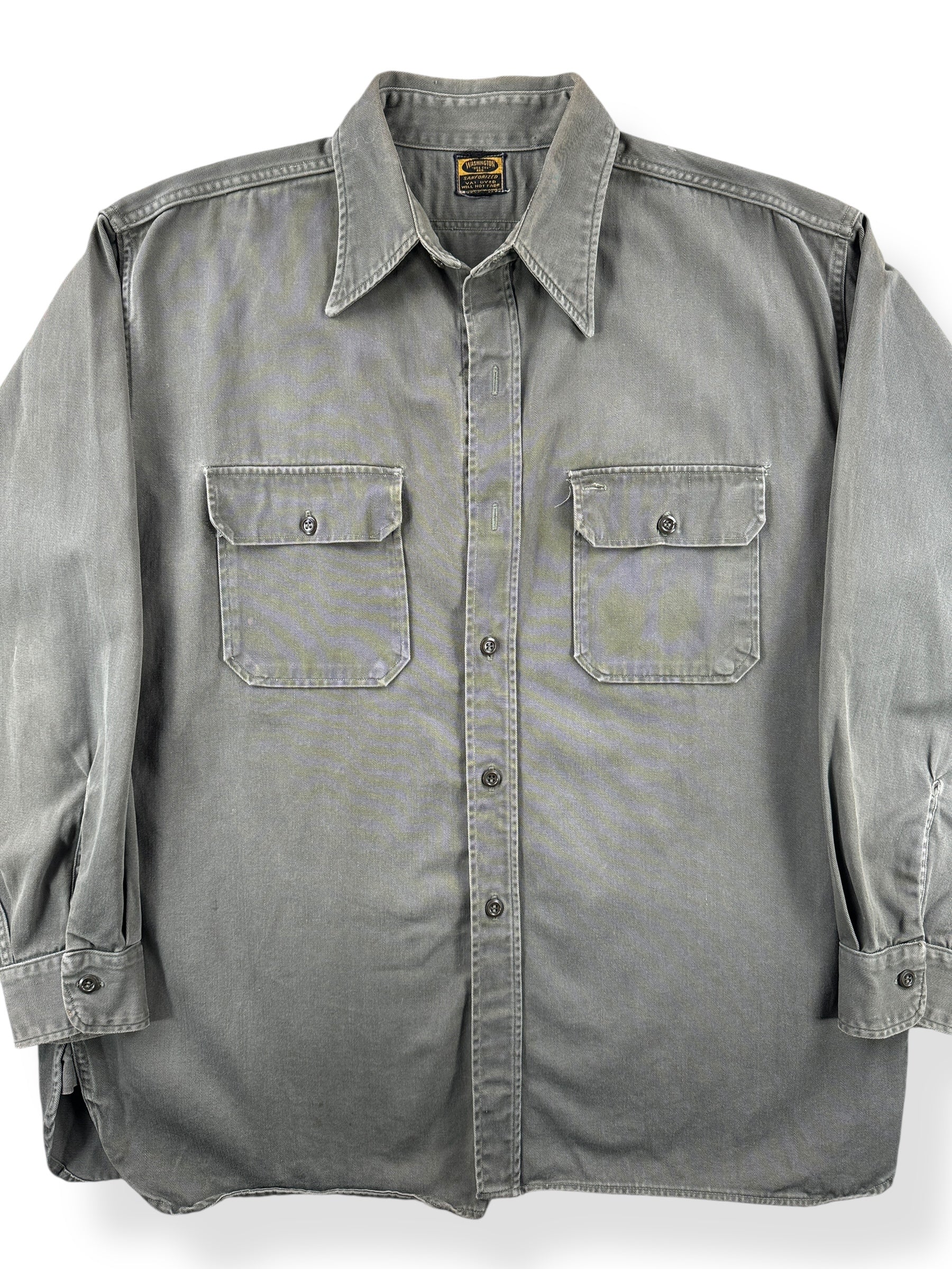 Front Close Up of Vintage Washington "Dee-Cee" Vat Dyed Grey Twill Shirt SZ XL AS IS