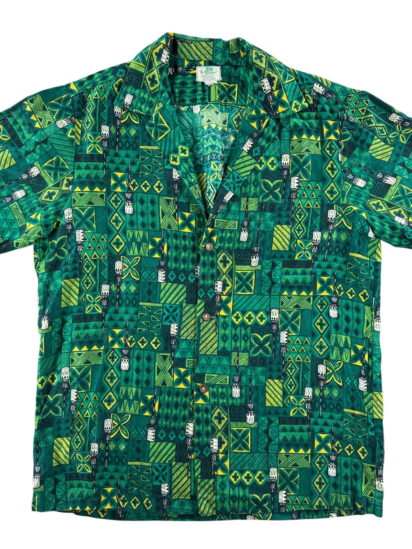 Front of Vintage Ui Maikai Green Cotton Aloha Shirt SZ M