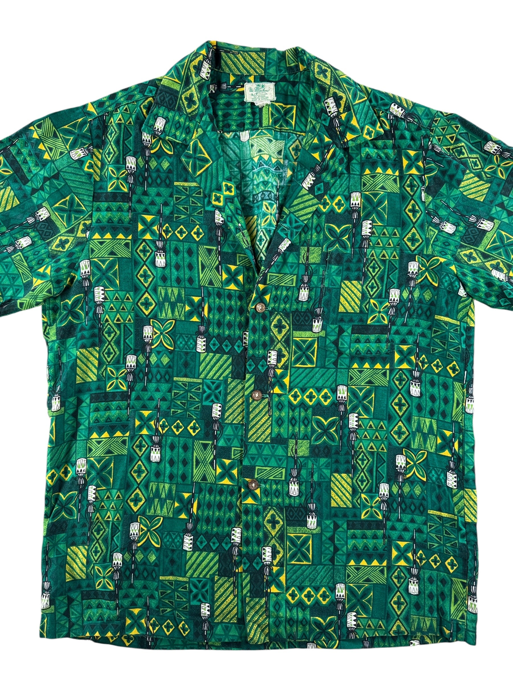 Front of Vintage Ui Maikai Green Cotton Aloha Shirt SZ M