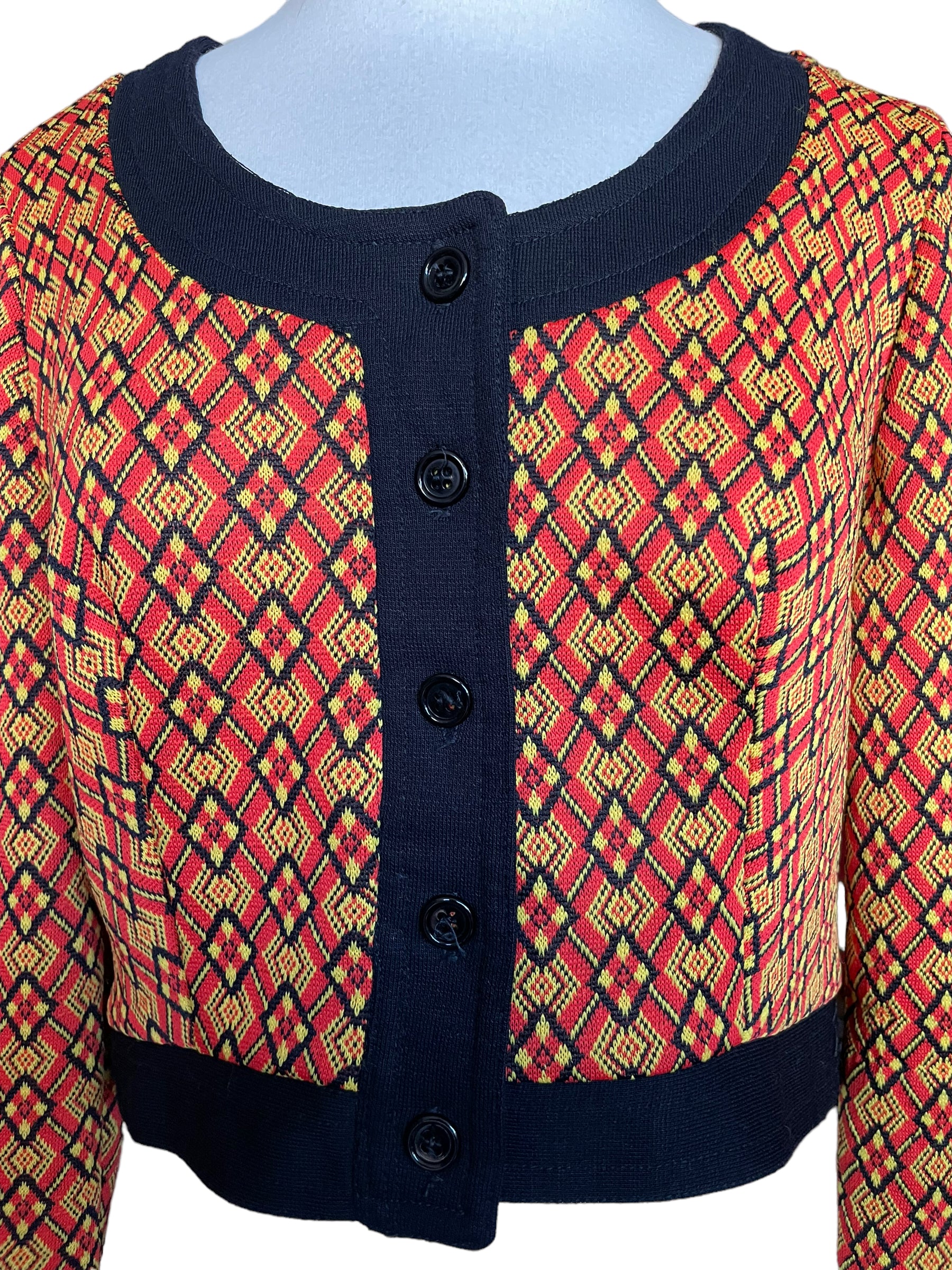 Close up front view of Vintage 1960s Argyle Cropped Cardigan | Seattle Ladies Vintage | Barn Owl Sweaters