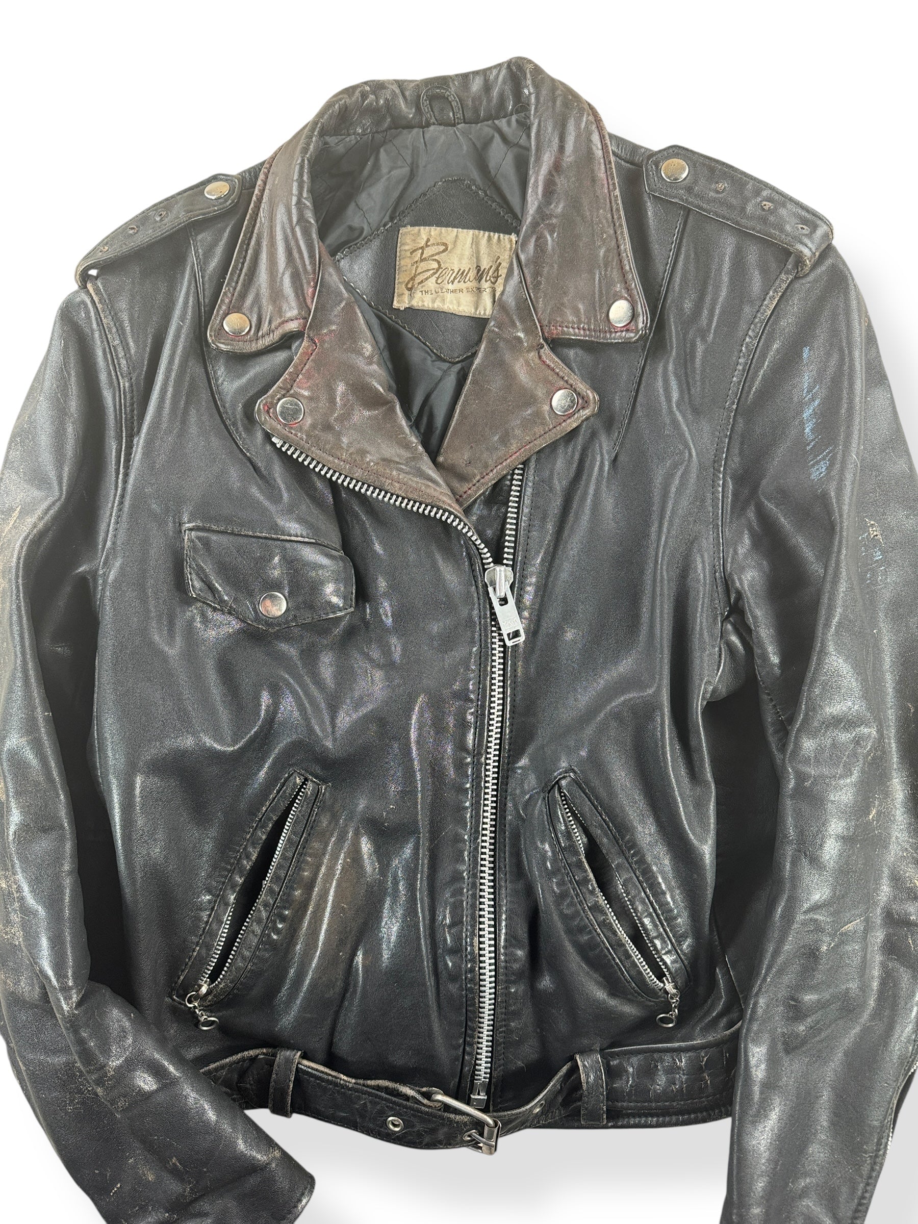 Front Close Up of Vintage Bermans Leather Jacket SZ M