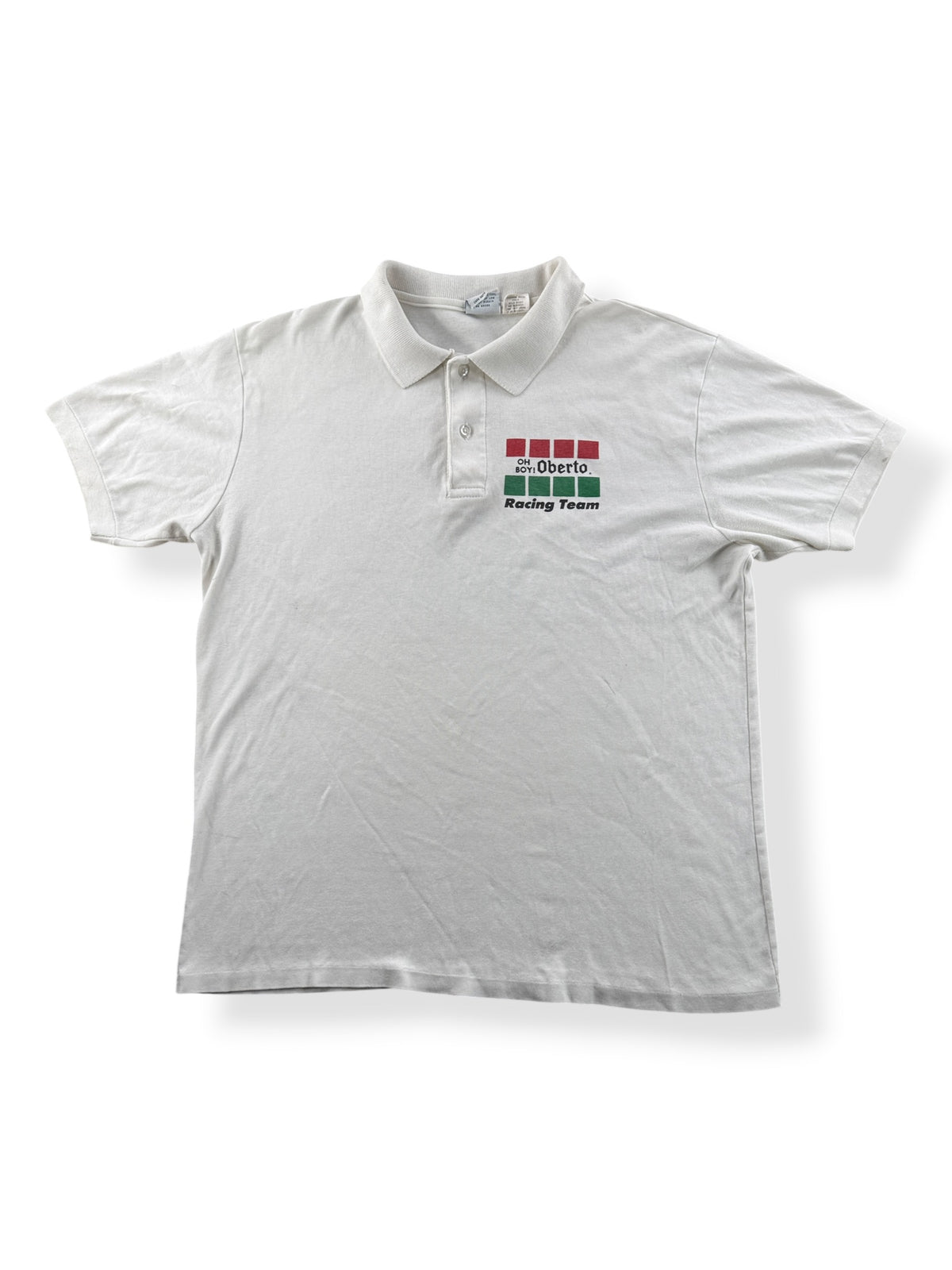 Front of Vintage Oh Boy! Oberto Hydroplane Racing Polo SZ L