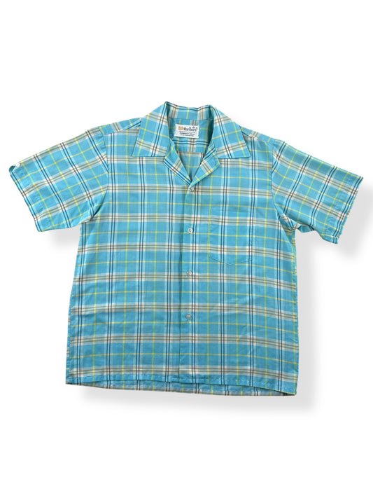 Front of Vintage Marlboro Blue Yellow Plaid Short Sleeve Shirt SZ M
