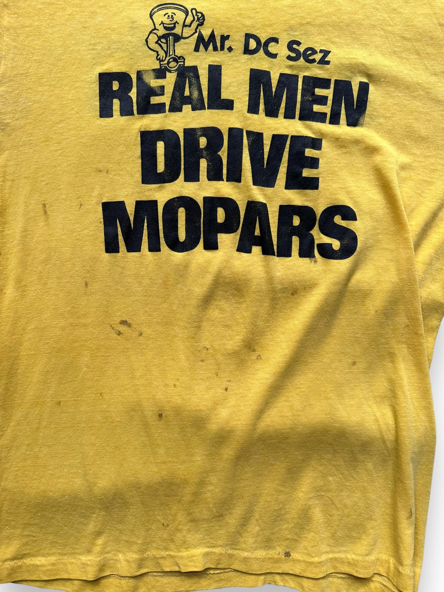 Front Detail Close Up on Vintage Real Men Drive Mopars Tee SZ L | Vintage Graphic T-Shirts Seattle | Barn Owl Vintage Tees Seattle