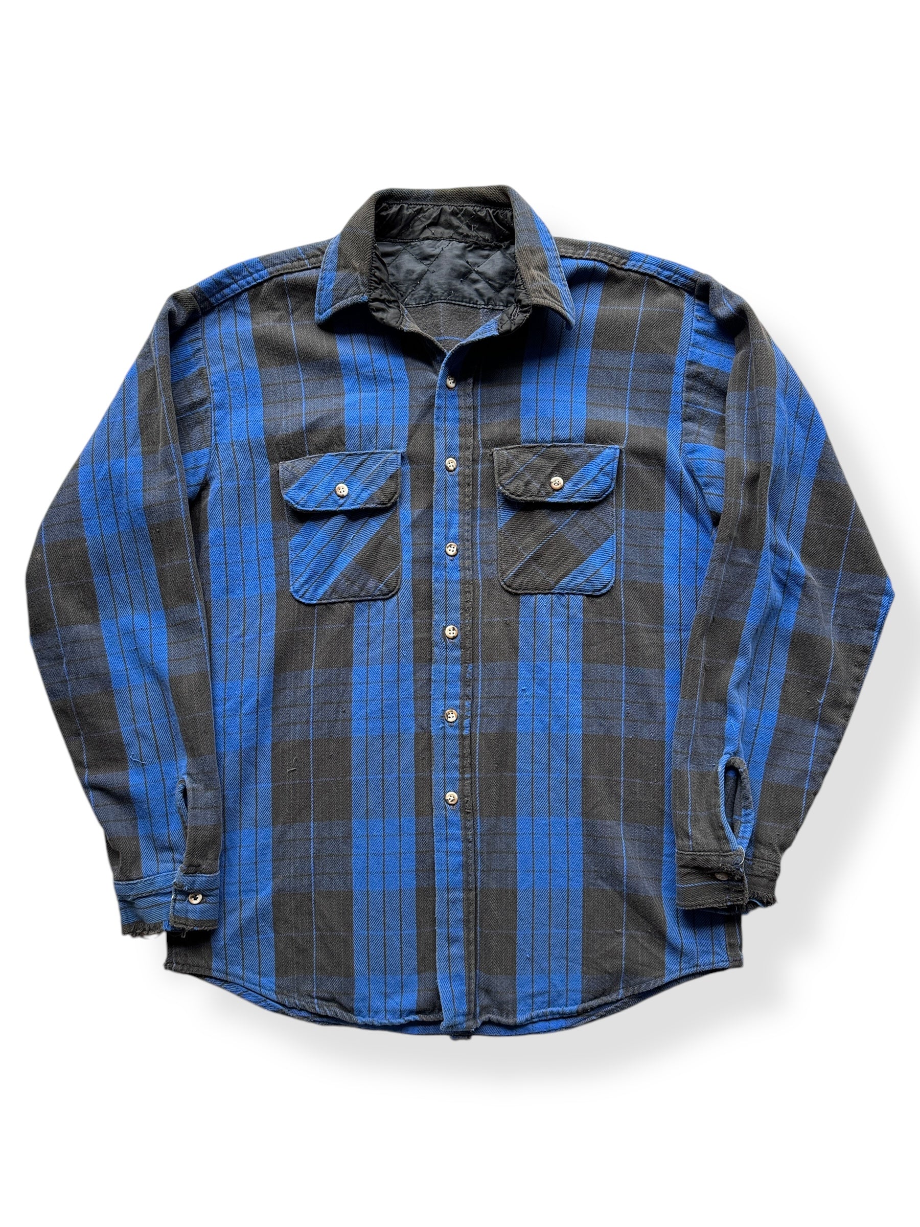 Front of Distressed Black & Blue Cotton Flannel SZ XL AS IS