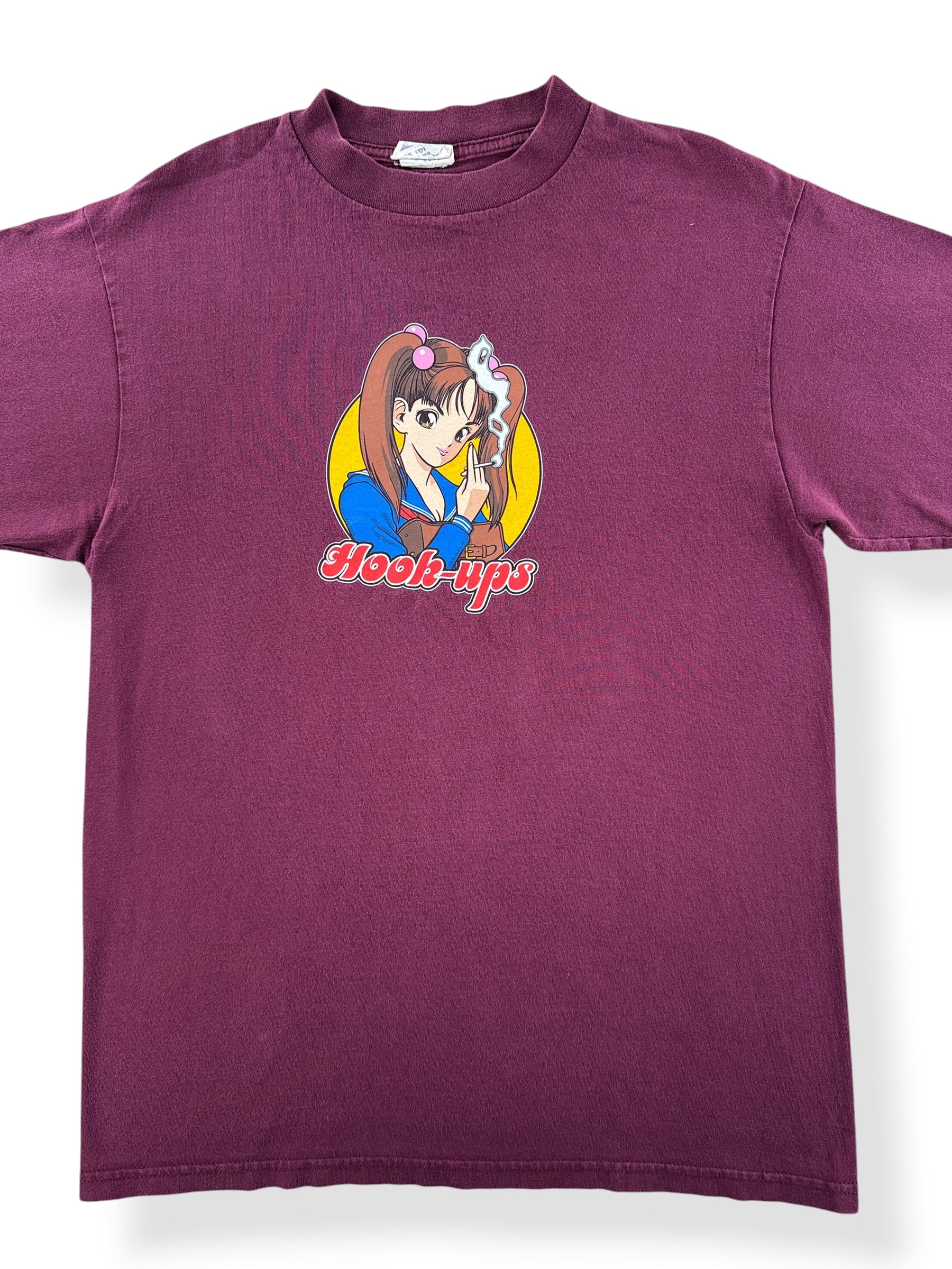 Front Close Up of Vintage Hook Ups Burgundy Smoking Girl Tee SZ L