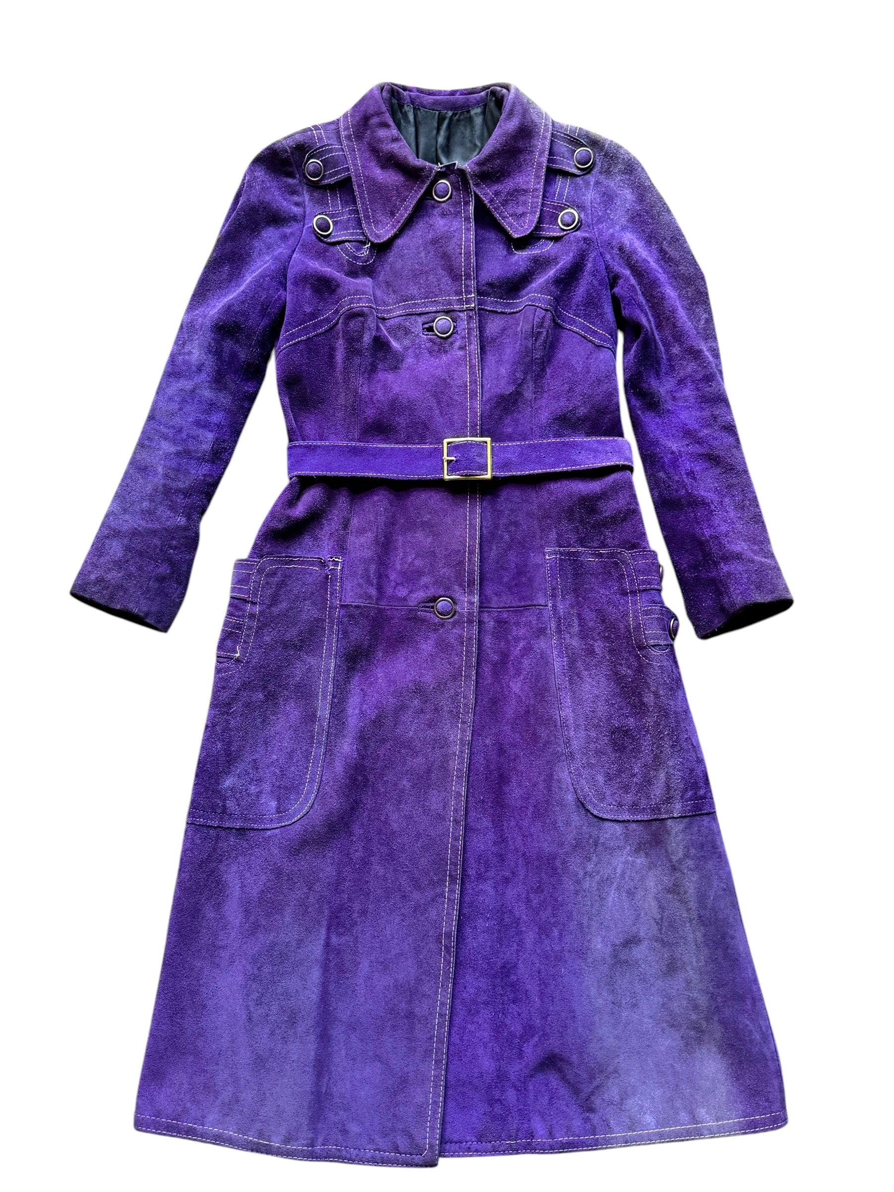 Front view of 1960s Purple Suede Trench Coat S