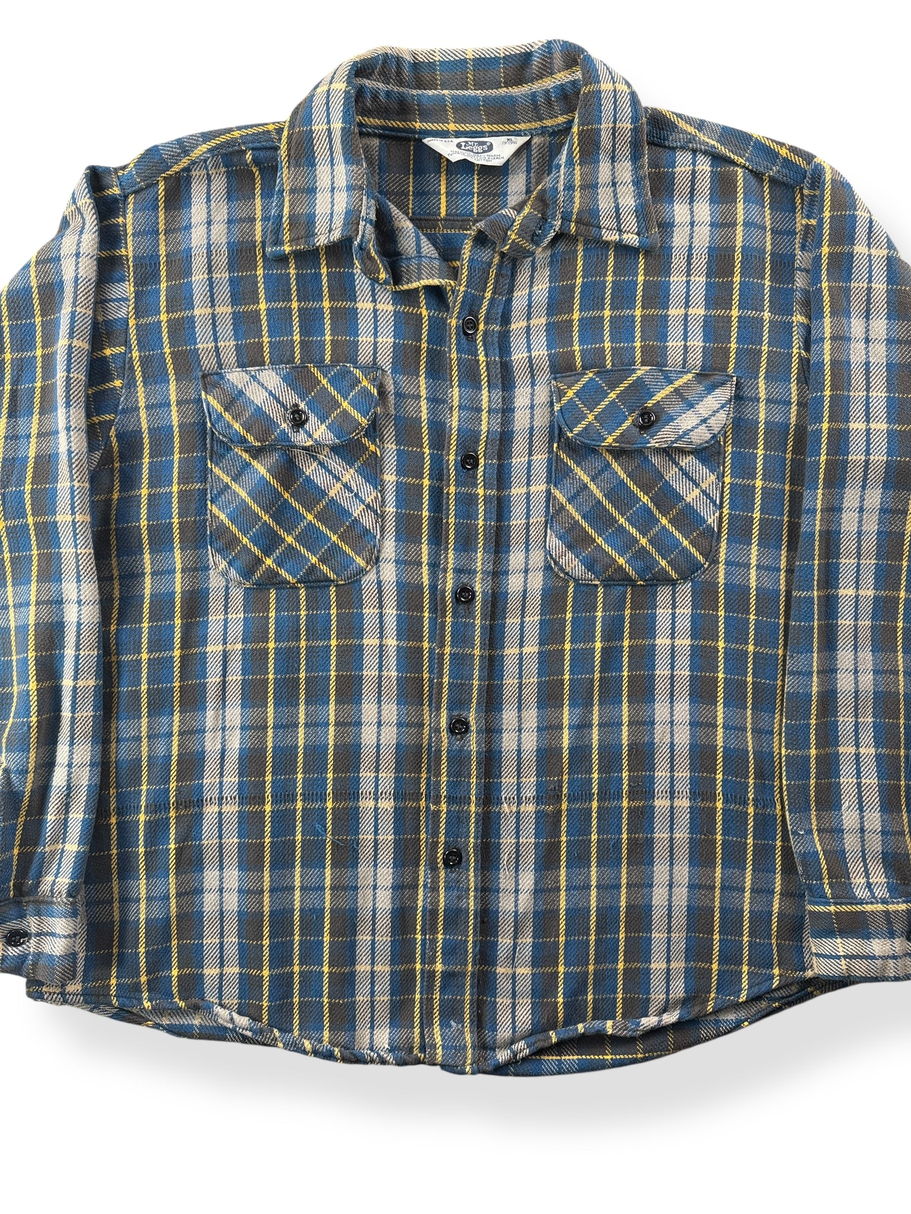 Front Close Up of Vintage Mr Leggs Blue Yellow Cotton Flannel SZ XL