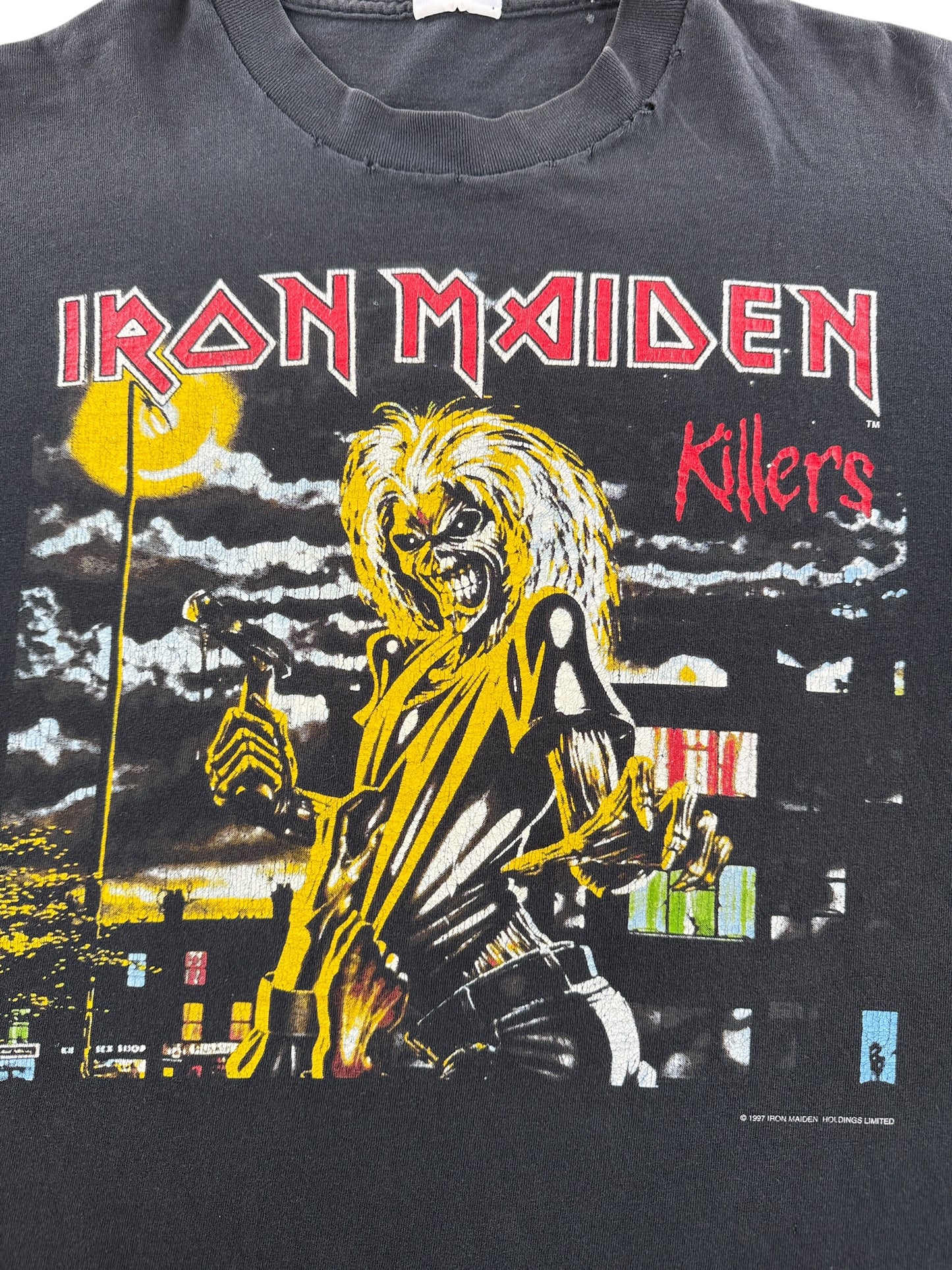 Front Close Up of Vintage 97' Iron Maiden Killers Tour Tee SZ XL