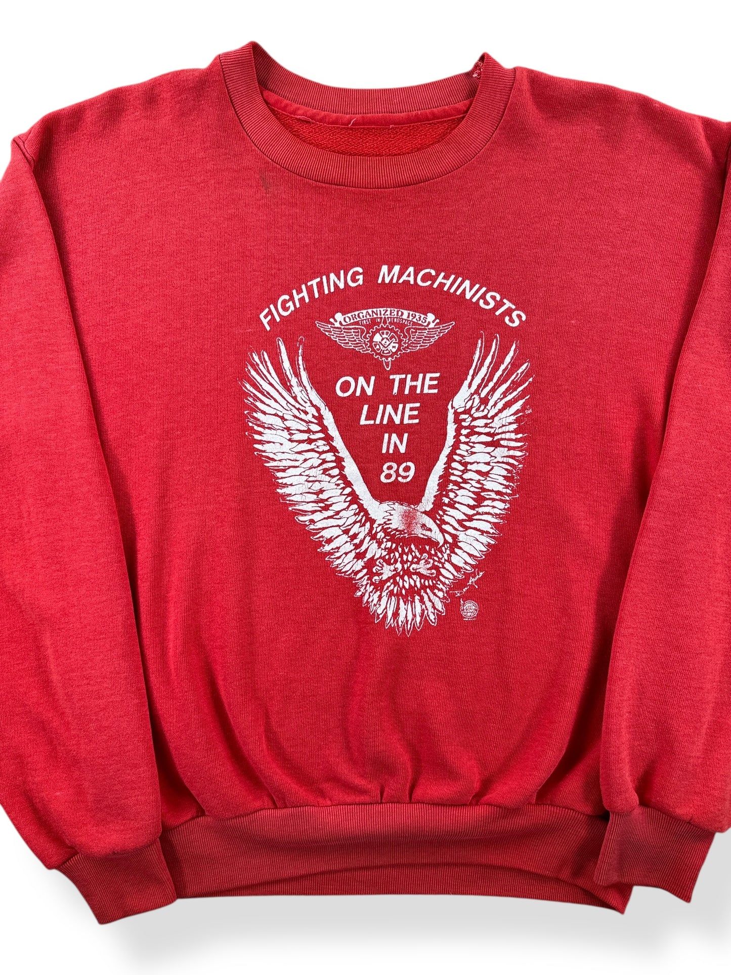 Front Close Up of Vintage Faded 1989 Fighting Machinists Crewneck SZ M
