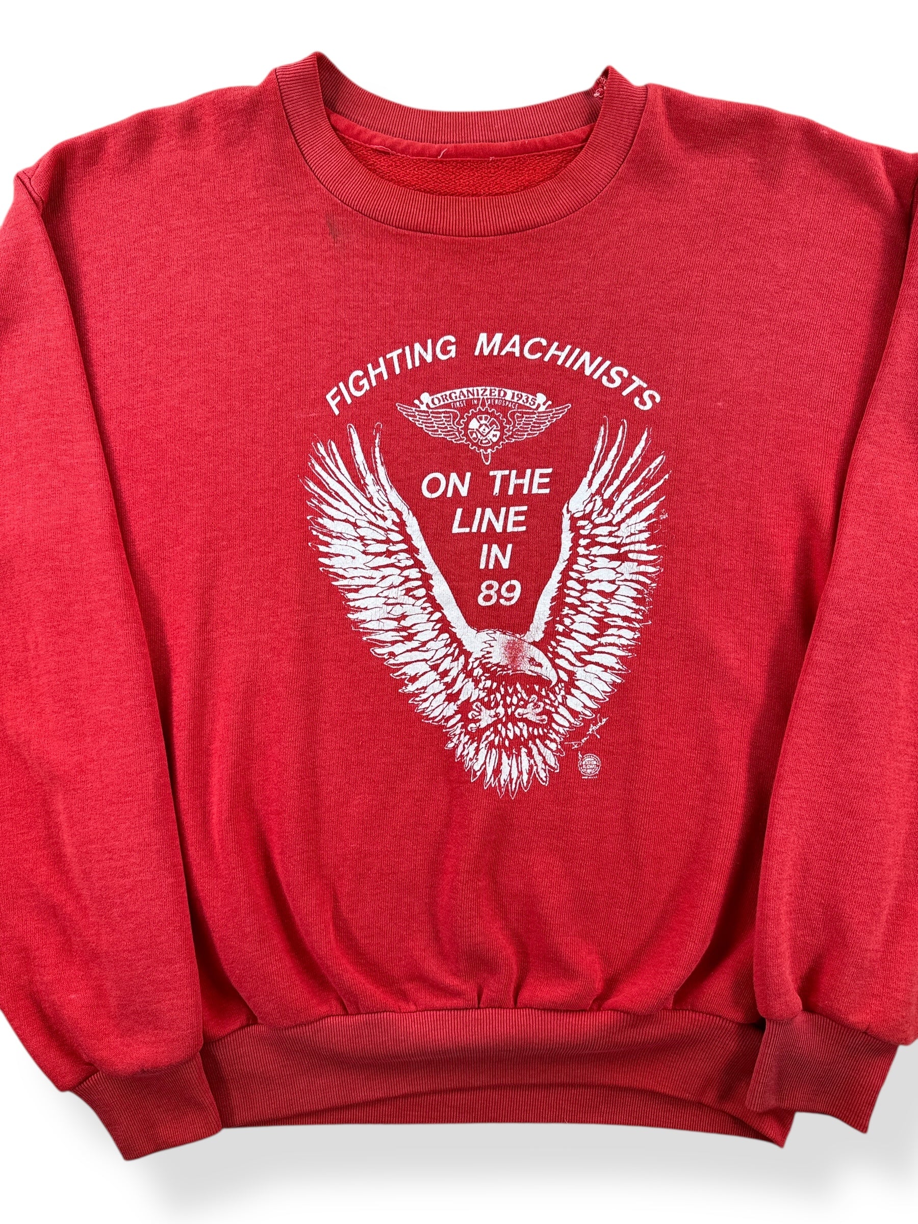 Front Close Up of Vintage Faded 1989 Fighting Machinists Crewneck SZ M