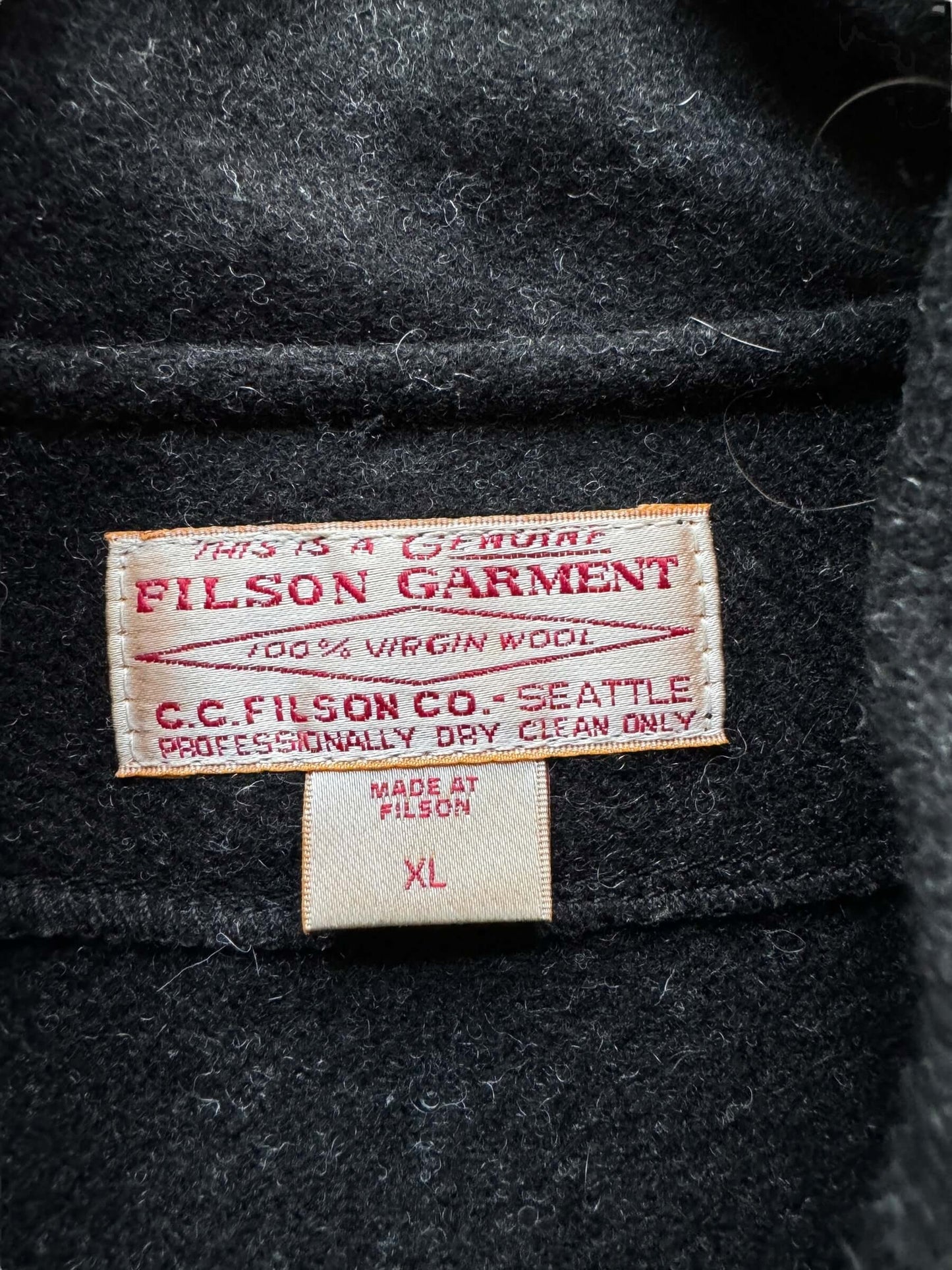 Tag View of Filson Charcoal Liner Vest SZ XL