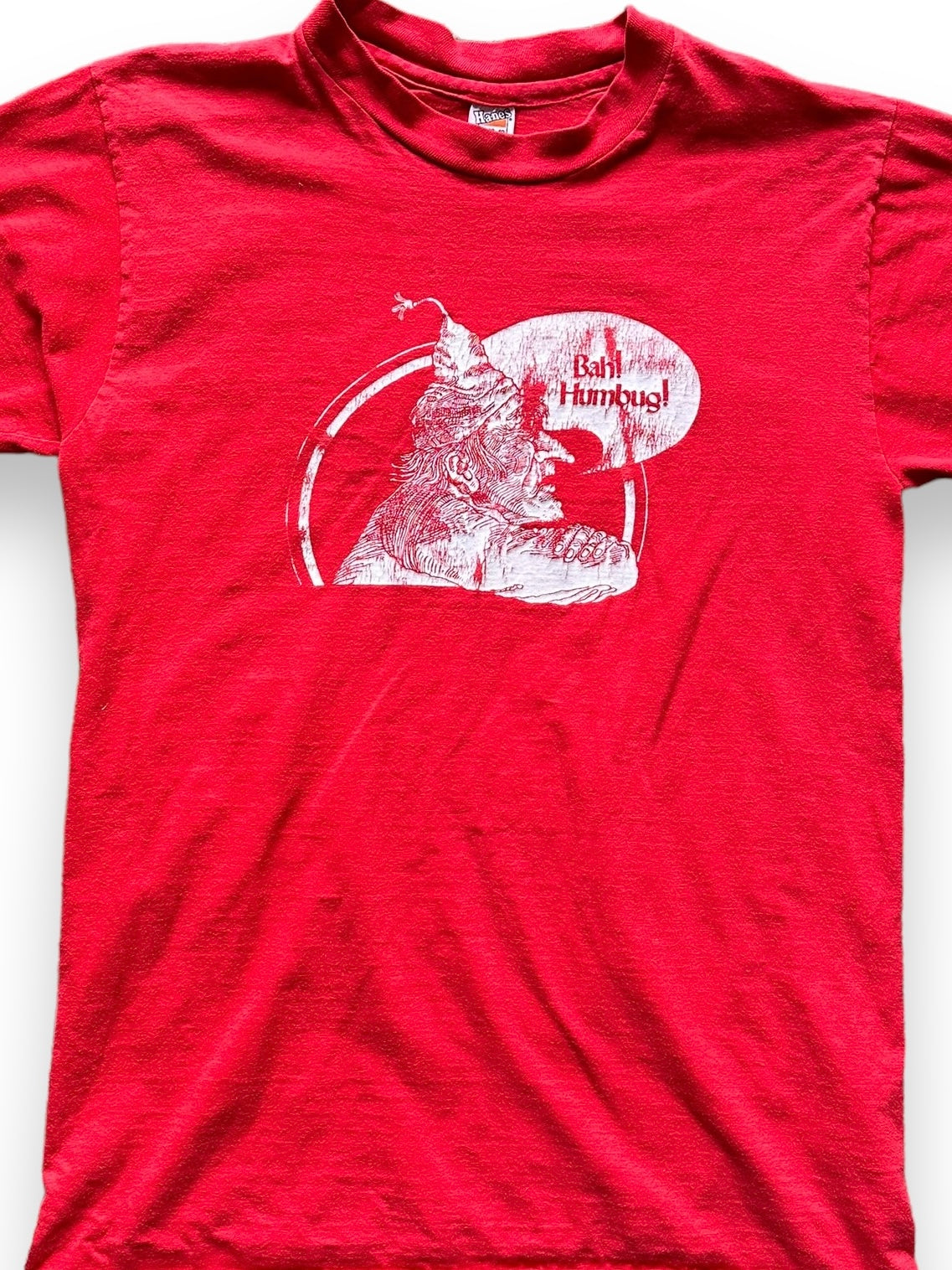 Front Detail on Vintage Red Bah Humbug Christmas Tee SZ M | Vintage Scrooge T-Shirts Seattle | Barn Owl Vintage Clothing Seattle