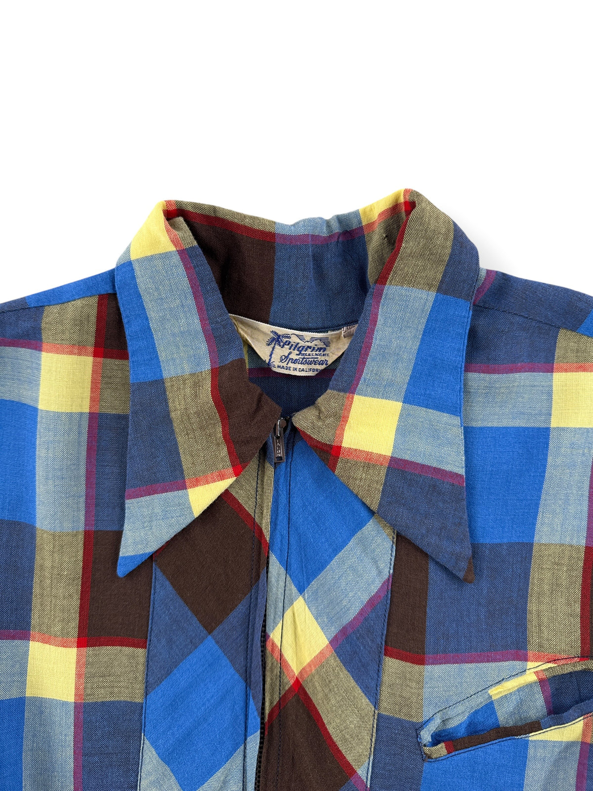 Close-up of Vintage 50s Pilgrim Plaid Rayon Gaucho Shirt SZ M