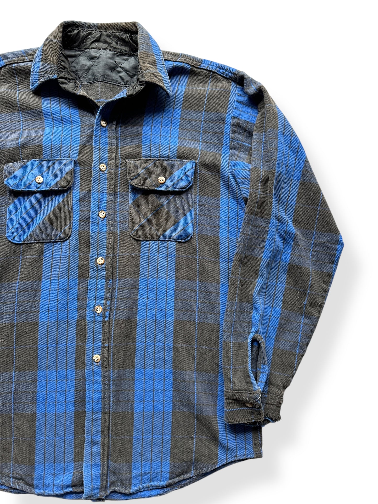 Front Left of Distressed Black & Blue Cotton Flannel SZ XL AS IS