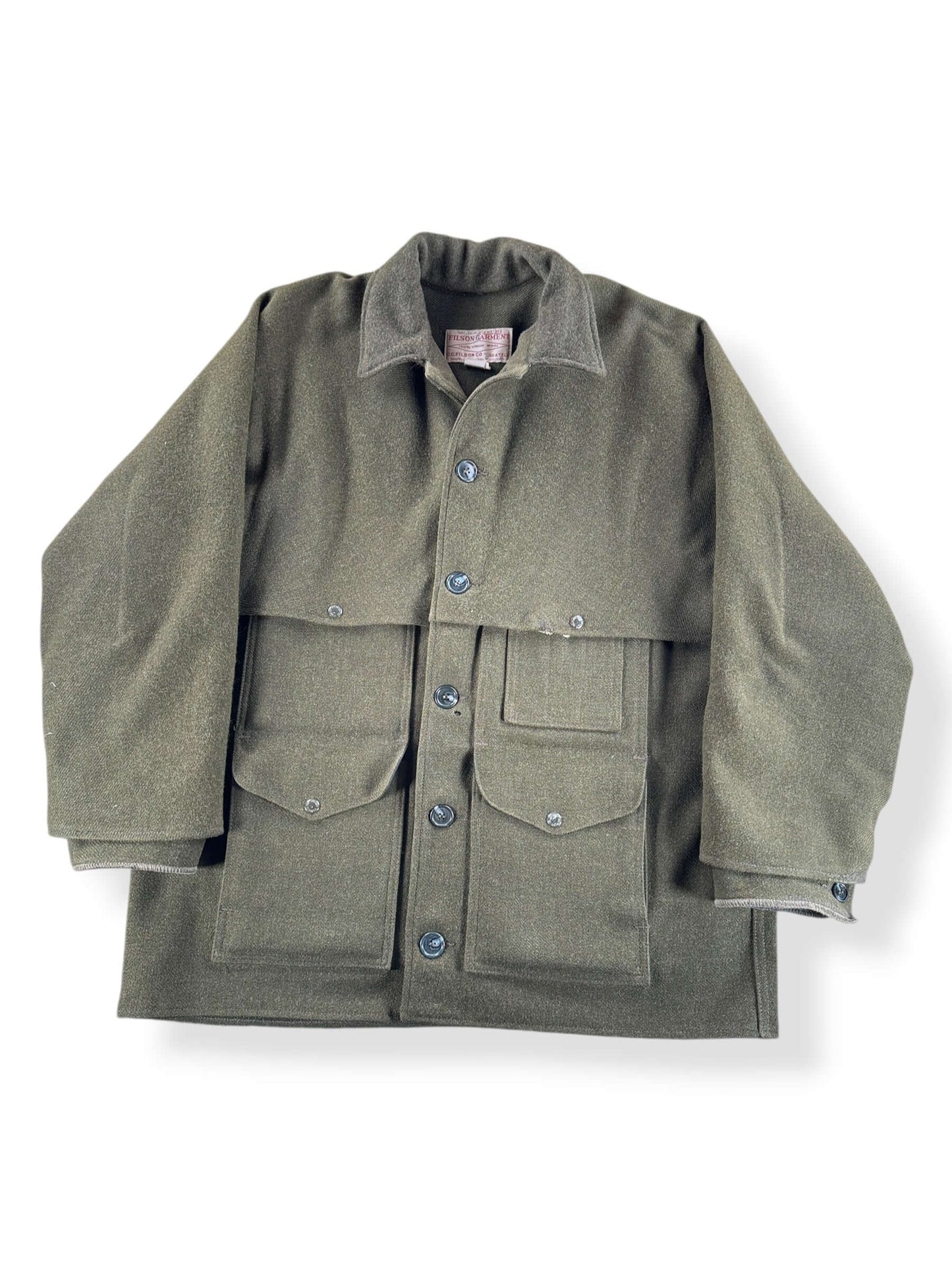 Front of Vintage 90s Era Repaired Filson Olive Green Double Mackinaw Jacket SZ 46