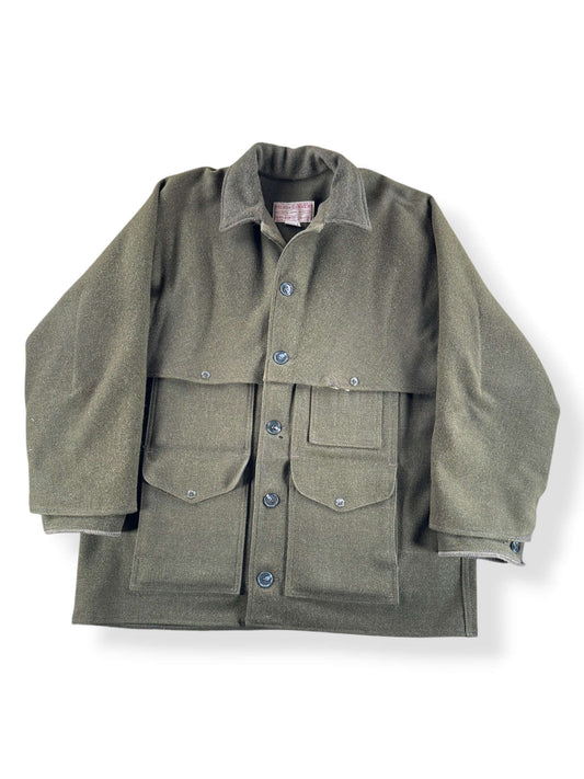 Front of Vintage 90s Era Repaired Filson Olive Green Double Mackinaw Jacket SZ 46